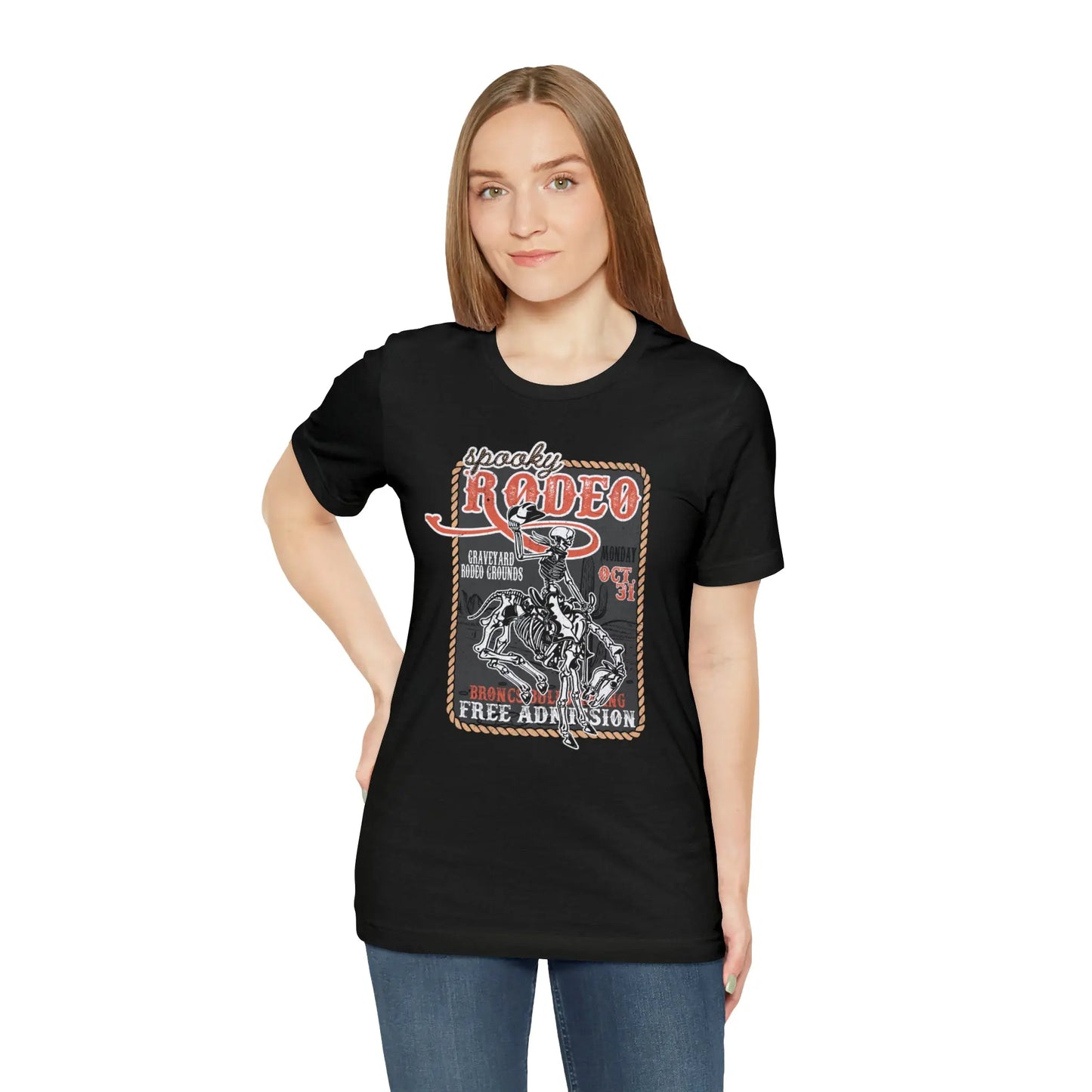 Vintage Halloween Rodeo Poster T shirt Western Spooky Skeleton Short Sleeve Tee Printify