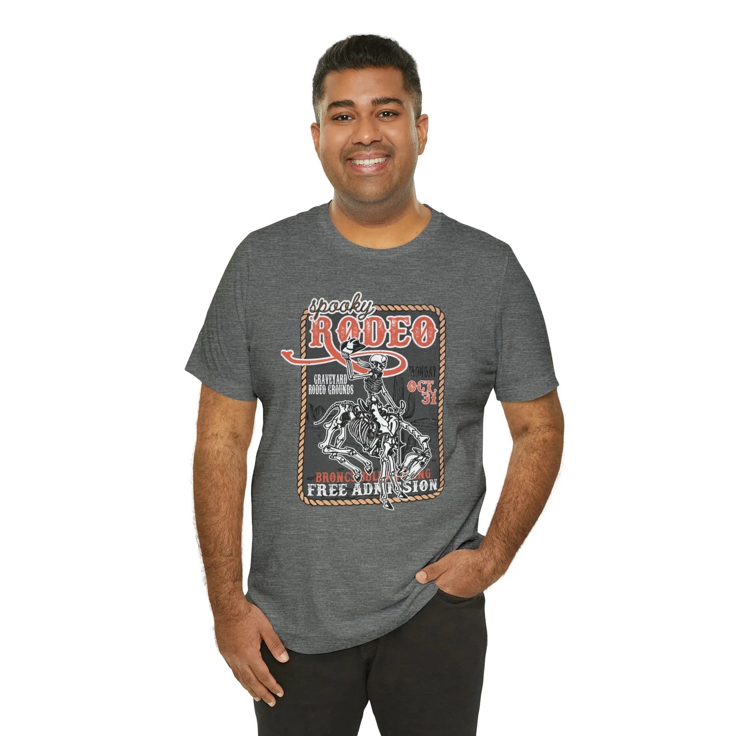Vintage Halloween Rodeo Poster T shirt Western Spooky Skeleton Short Sleeve Tee Printify