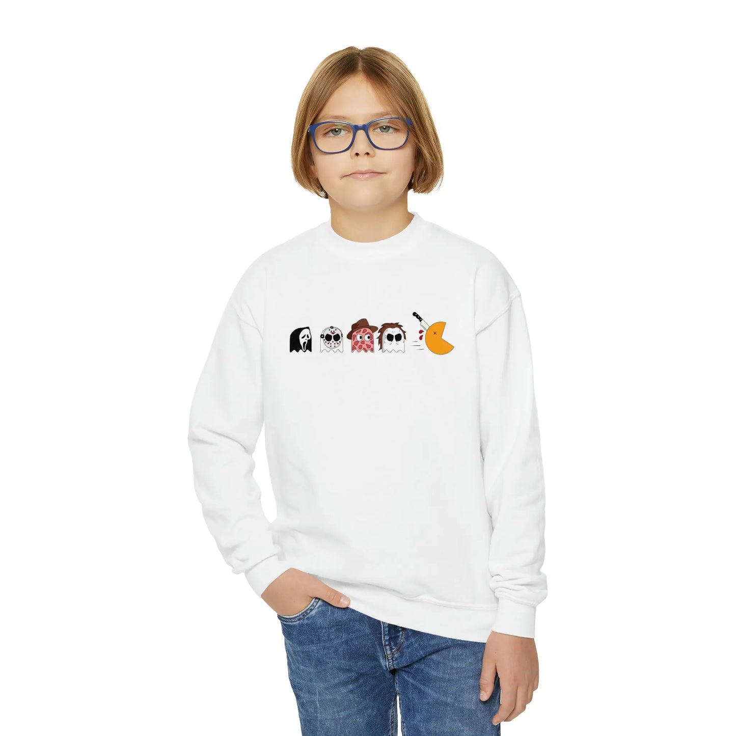 Pac-Man Meets Halloween Horror - Spooky Kids Halloween Sweatshirt with Scream, Jason, Freddy, and Michael Printify