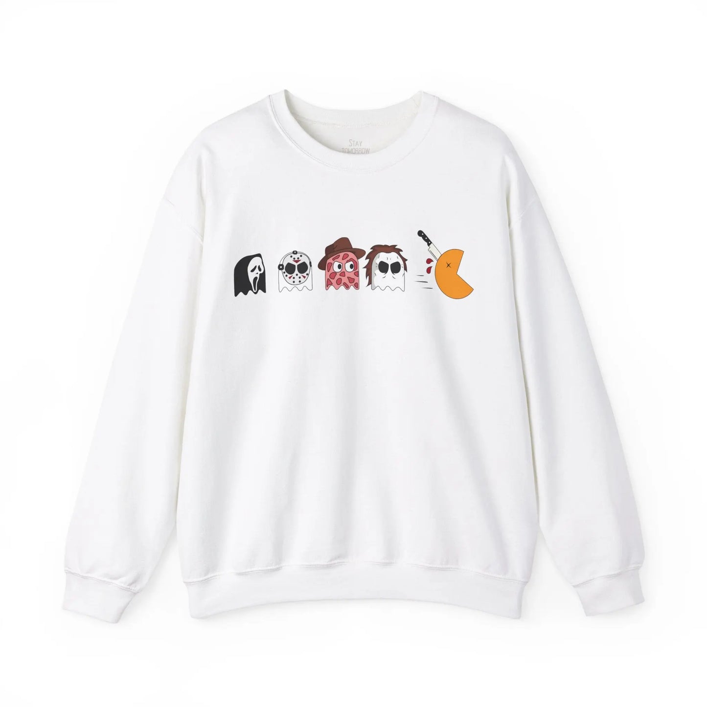 Retro Pac-Man Meets Halloween Horror Sweatshirt Halloween Horror movie characters Ghost Face, Jason Vorhees, Freddy Krueger, Michael Myers Scream, Friday the 13th, Nightmare on Elm Street, Halloween 2024 Printify