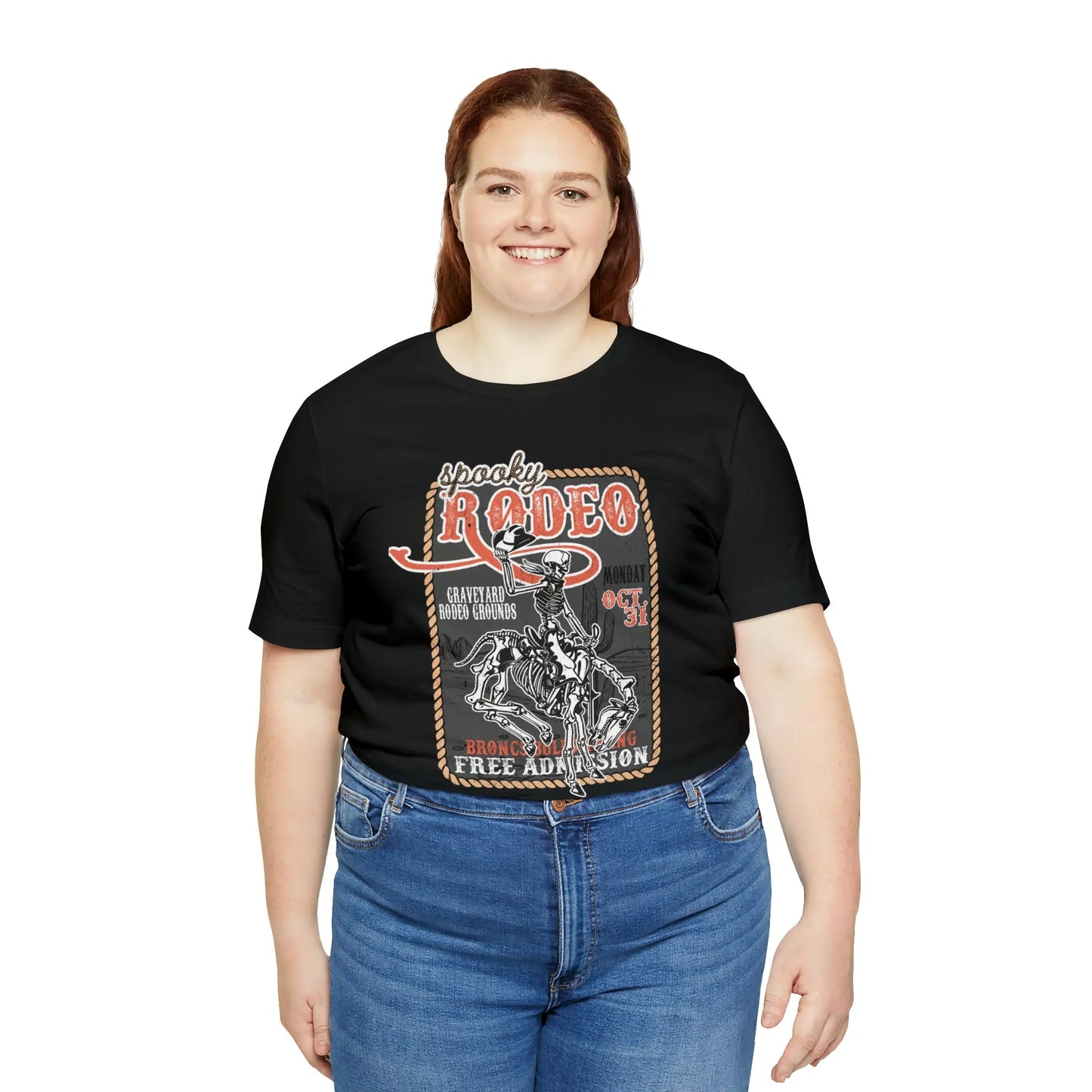 Vintage Halloween Rodeo Poster T shirt Western Spooky Skeleton Short Sleeve Tee Printify