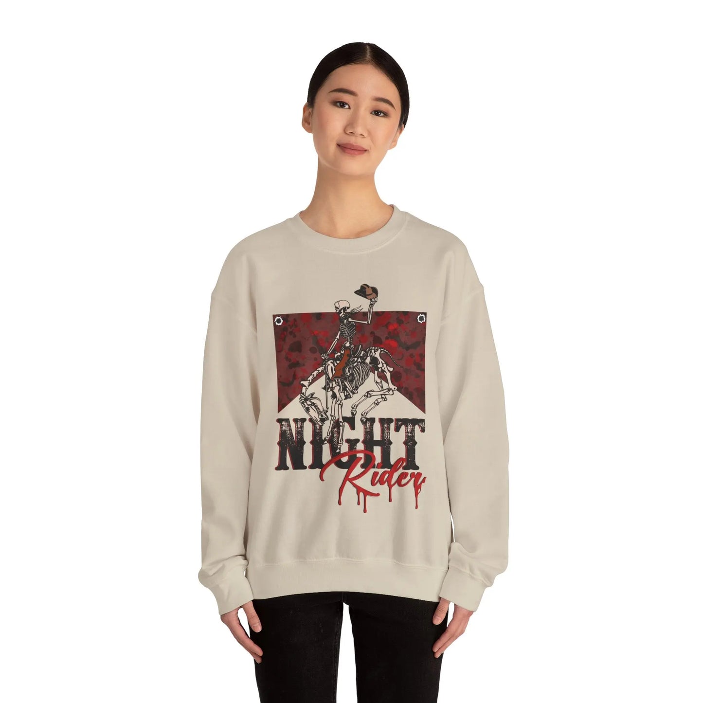 Vintage Halloween Night Rider Sweatshirt Skeleton Cowboy Western Desert Halloween 2024 Printify