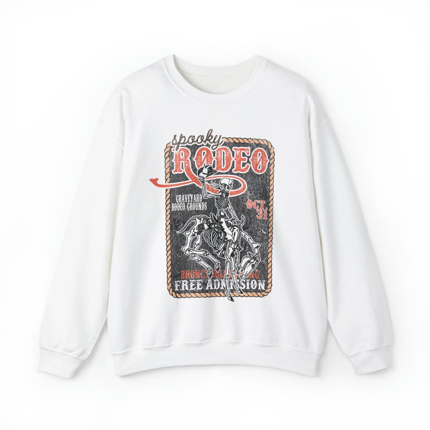 Vintage Halloween Rodeo Skeleton Cowboy Poster Sweatshirt - Western Spooky Skeleton Printify