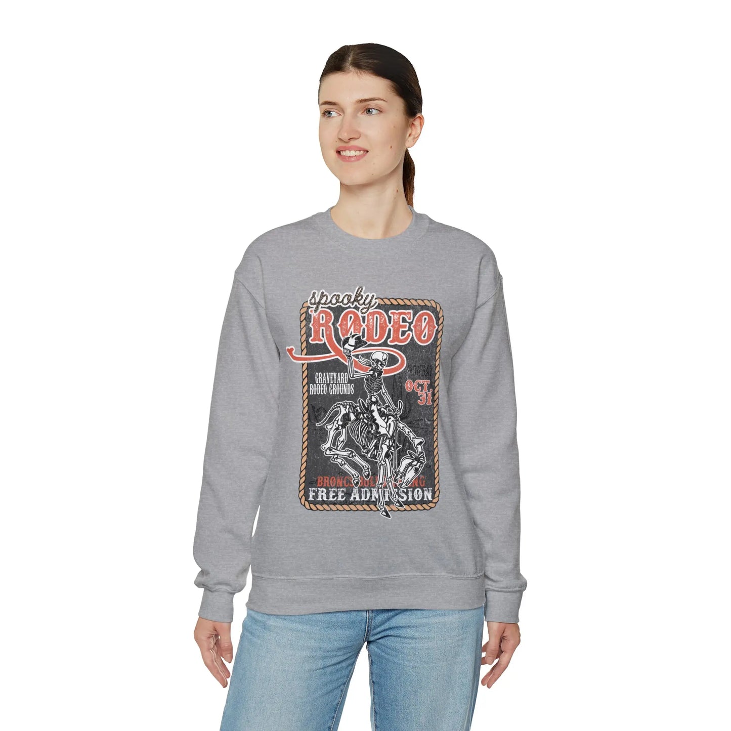 Vintage Halloween Rodeo Skeleton Cowboy Poster Sweatshirt - Western Spooky Skeleton Printify