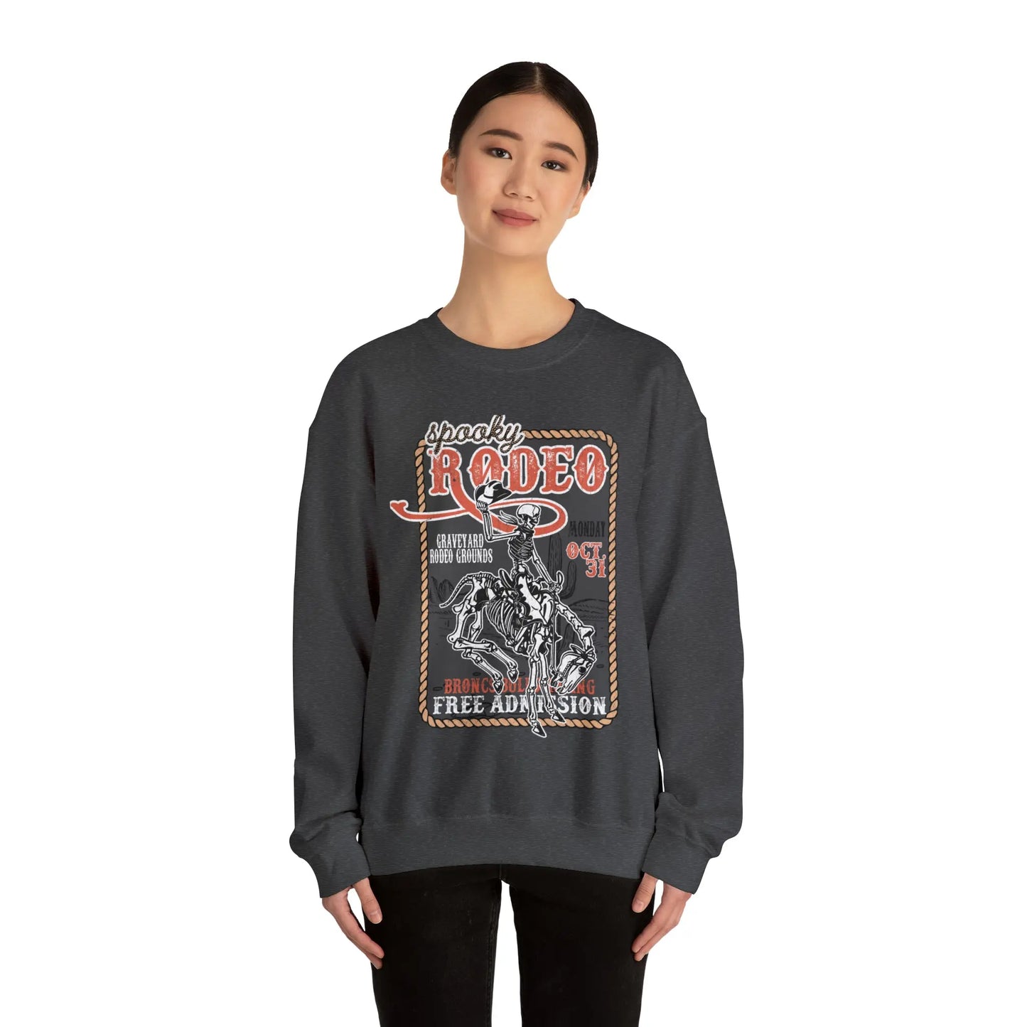 Vintage Halloween Rodeo Skeleton Cowboy Poster Sweatshirt - Western Spooky Skeleton Printify