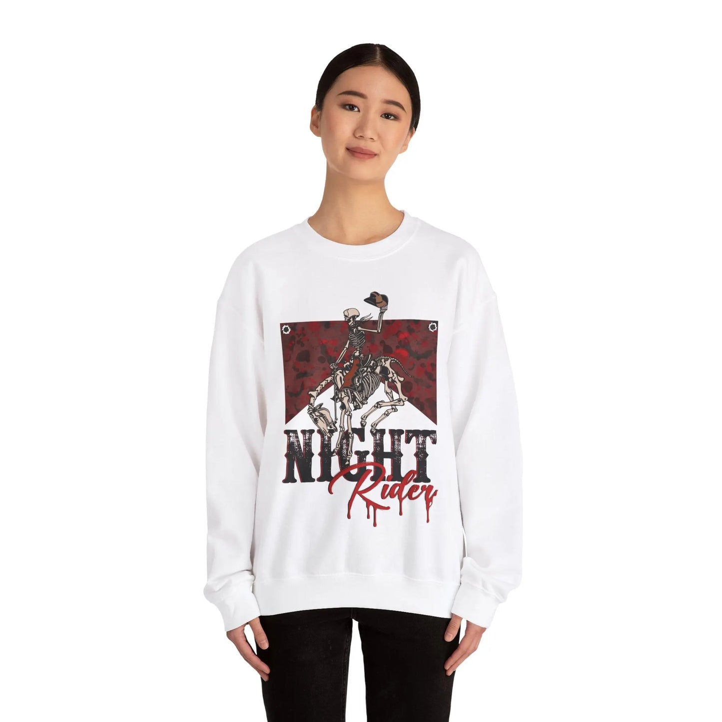 Vintage Halloween Night Rider Sweatshirt Skeleton Cowboy Western Desert Halloween 2024 Printify