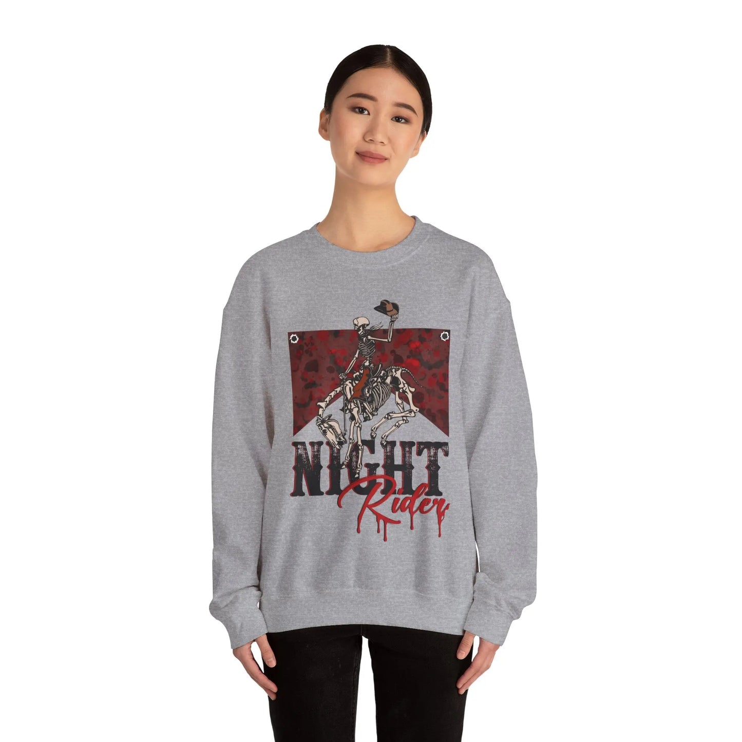 Vintage Halloween Night Rider Sweatshirt Skeleton Cowboy Western Desert Halloween 2024 Printify