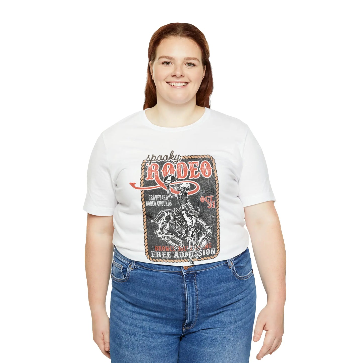 Vintage Halloween Rodeo Poster T shirt Western Spooky Skeleton Short Sleeve Tee Printify
