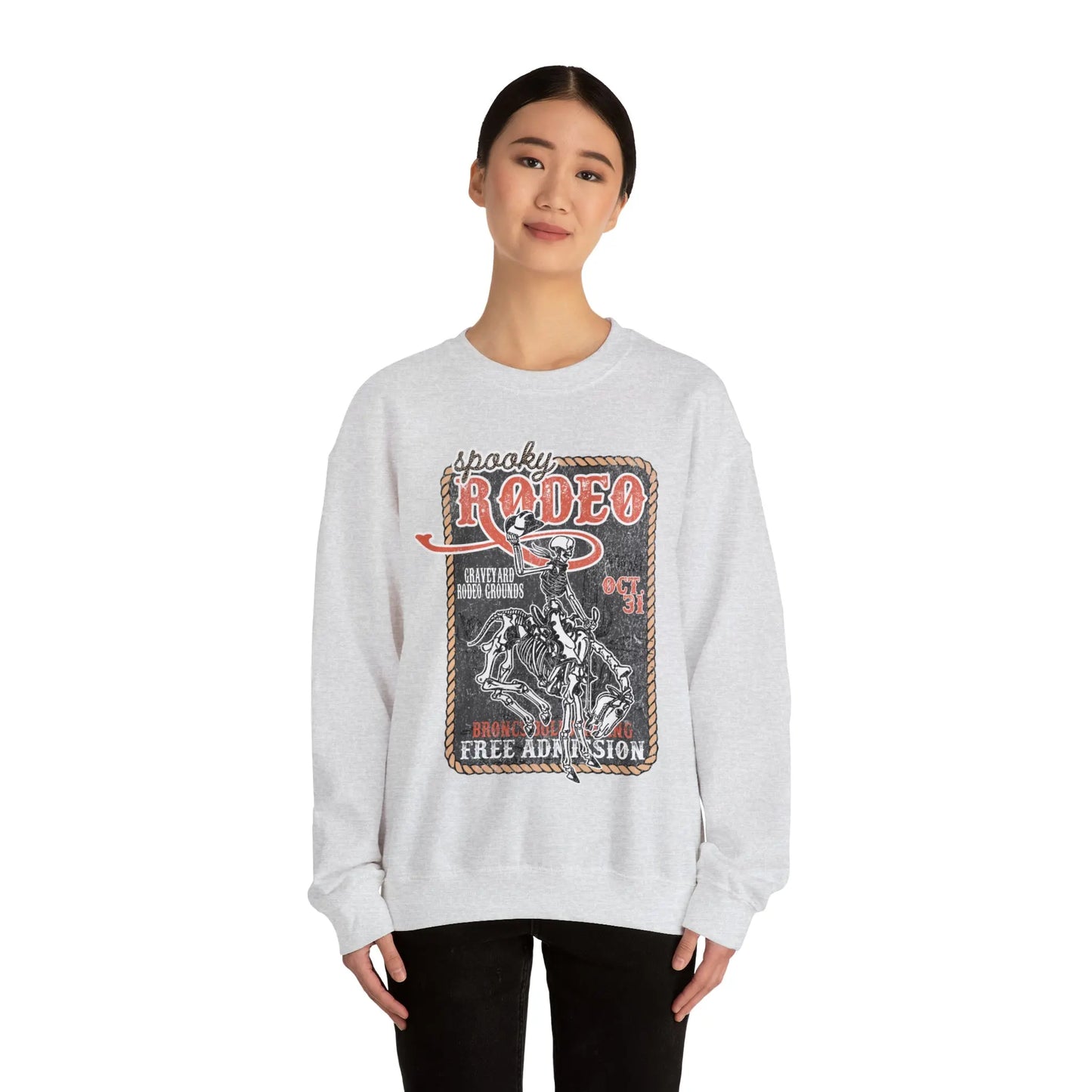 Vintage Halloween Rodeo Skeleton Cowboy Poster Sweatshirt - Western Spooky Skeleton Printify