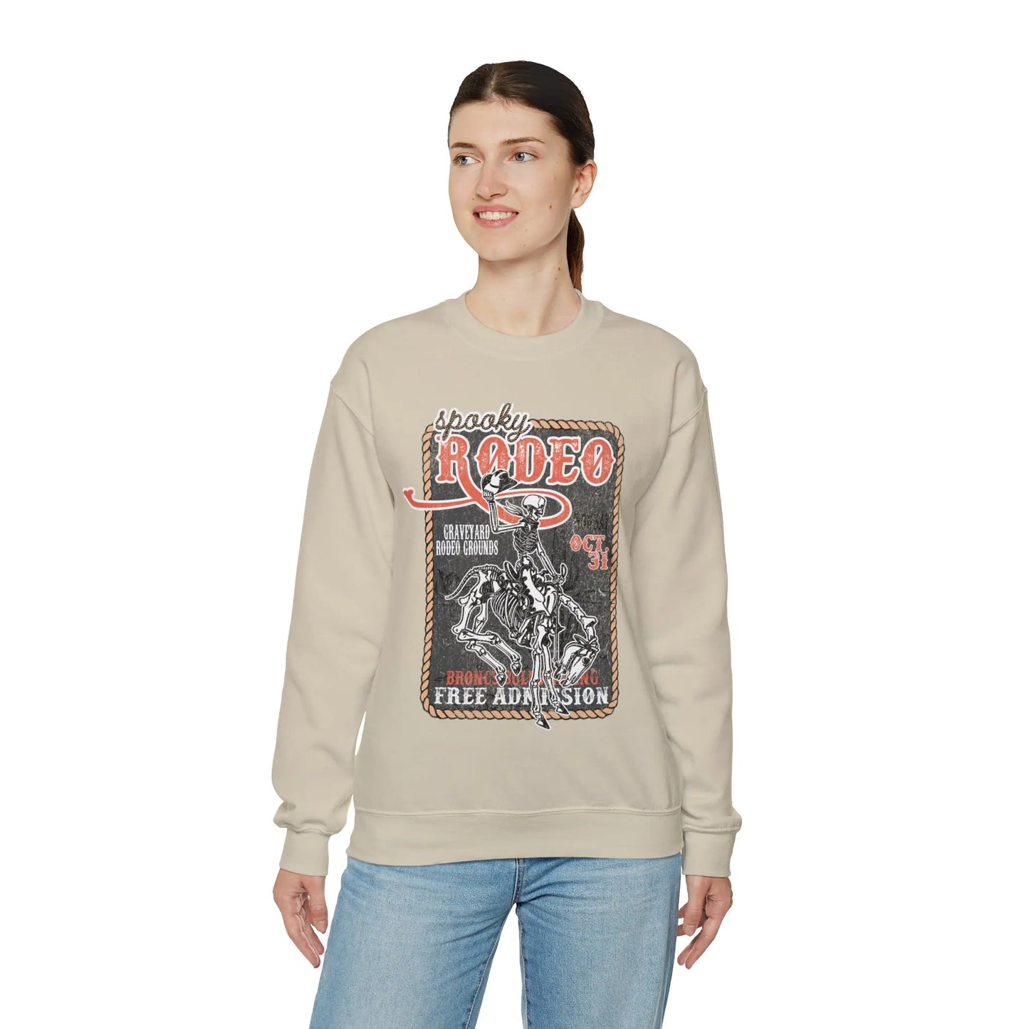 Vintage Halloween Rodeo Skeleton Cowboy Poster Sweatshirt - Western Spooky Skeleton Printify