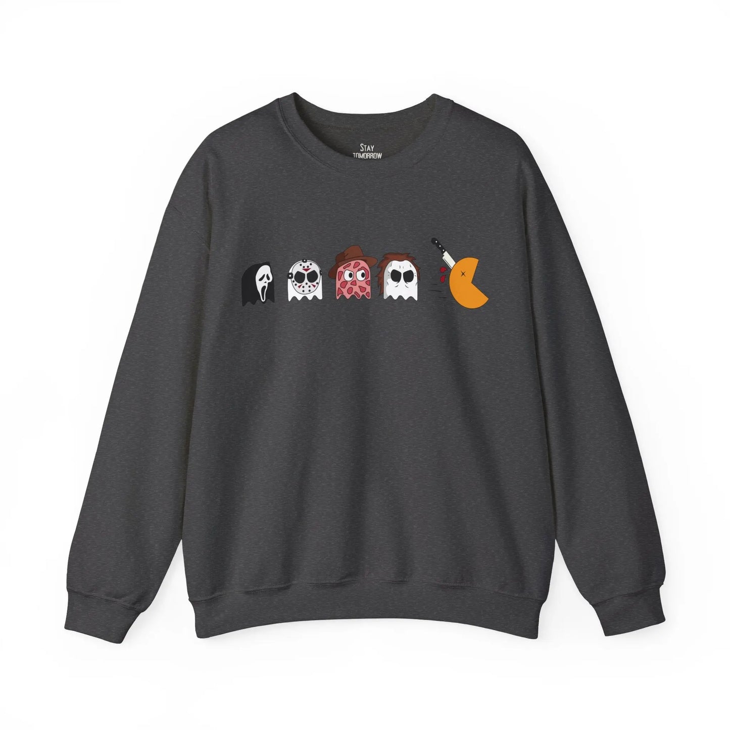 Retro Pac-Man Meets Halloween Horror Sweatshirt Halloween Horror movie characters Ghost Face, Jason Vorhees, Freddy Krueger, Michael Myers Scream, Friday the 13th, Nightmare on Elm Street, Halloween 2024 Printify