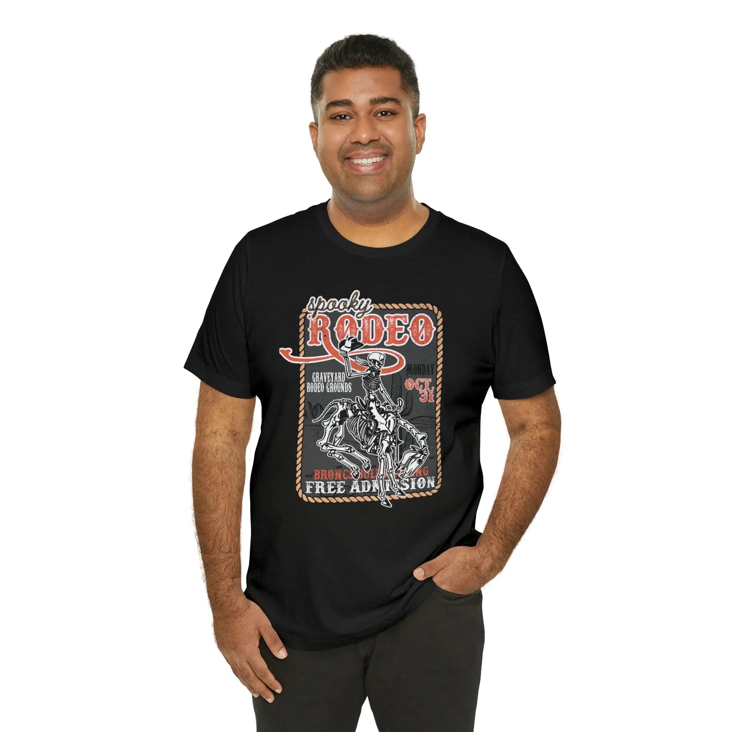 Vintage Halloween Rodeo Poster T shirt Western Spooky Skeleton Short Sleeve Tee Printify