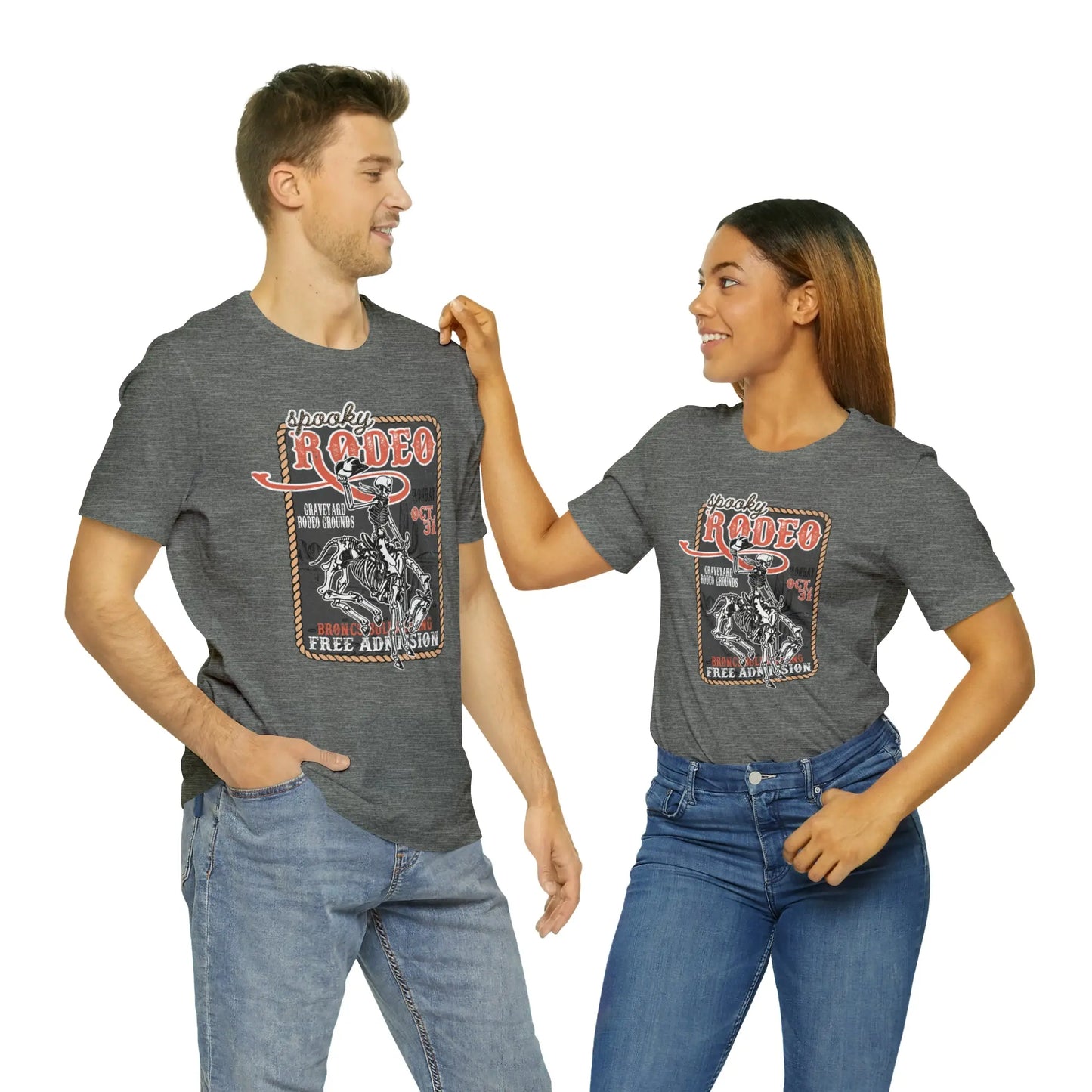 Vintage Halloween Rodeo Poster T shirt Western Spooky Skeleton Short Sleeve Tee Printify