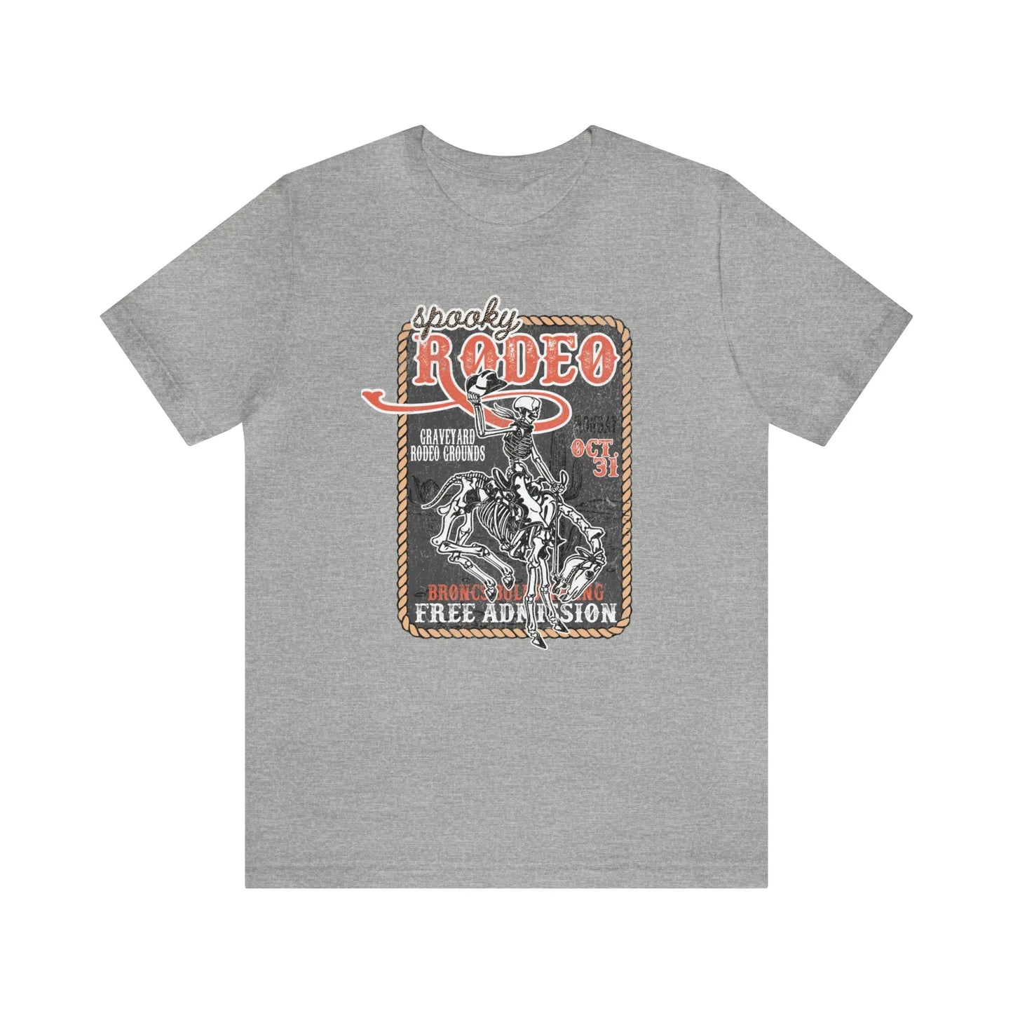 Vintage Halloween Rodeo Poster T shirt Western Spooky Skeleton Short Sleeve Tee Printify