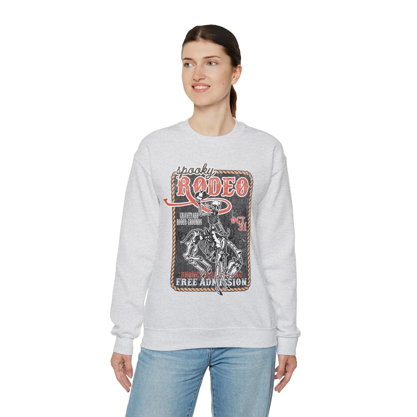 Vintage Halloween Rodeo Skeleton Cowboy Poster Sweatshirt - Western Spooky Skeleton Printify