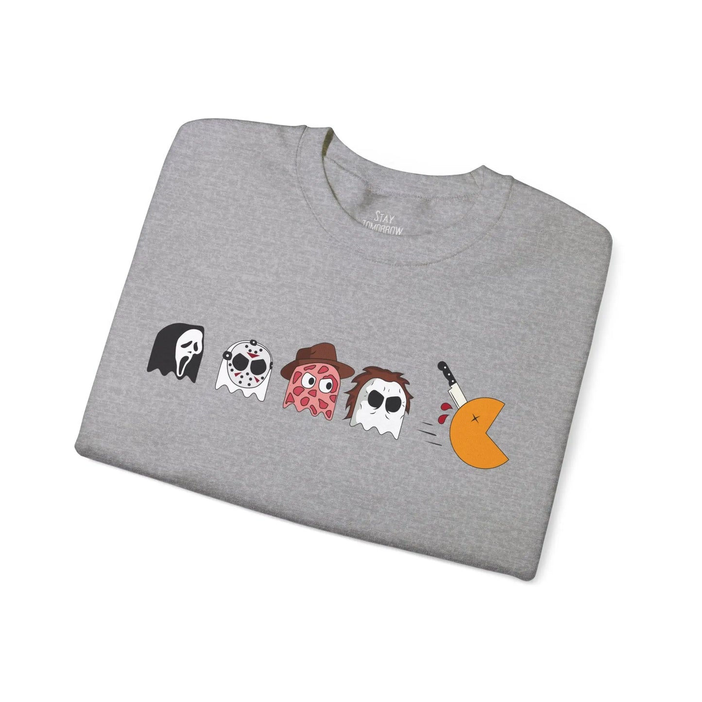 Retro Pac-Man Meets Halloween Horror Sweatshirt Halloween Horror movie characters Ghost Face, Jason Vorhees, Freddy Krueger, Michael Myers Scream, Friday the 13th, Nightmare on Elm Street, Halloween 2024 Printify