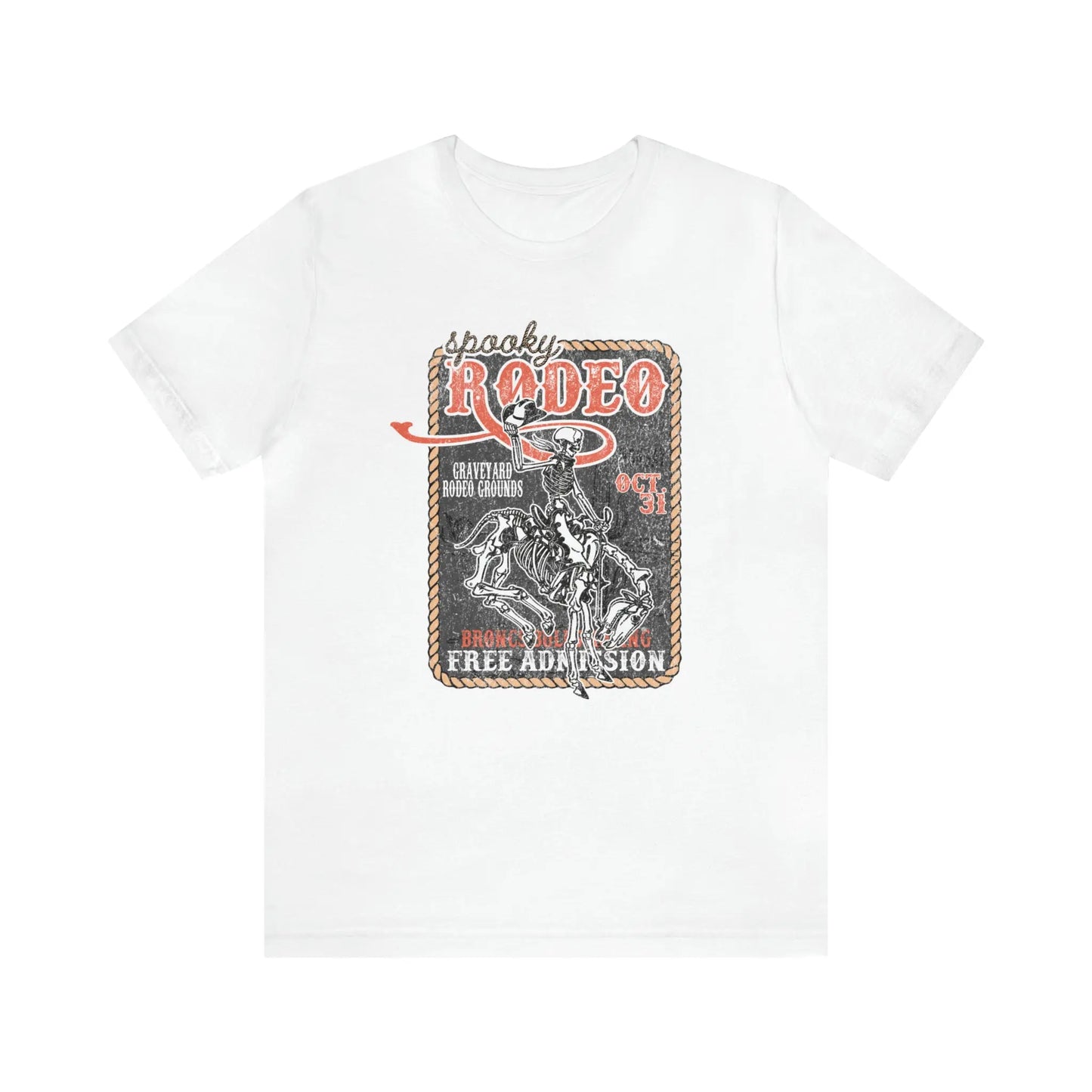 Vintage Halloween Rodeo Poster T shirt Western Spooky Skeleton Short Sleeve Tee Printify