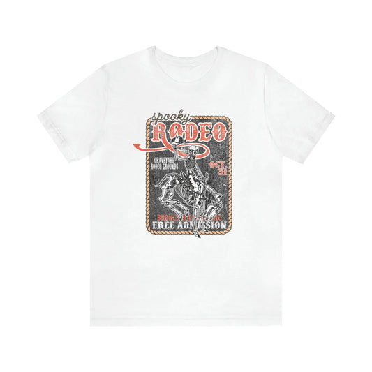 Vintage Halloween Rodeo Poster T shirt Western Spooky Skeleton Short Sleeve Tee Printify