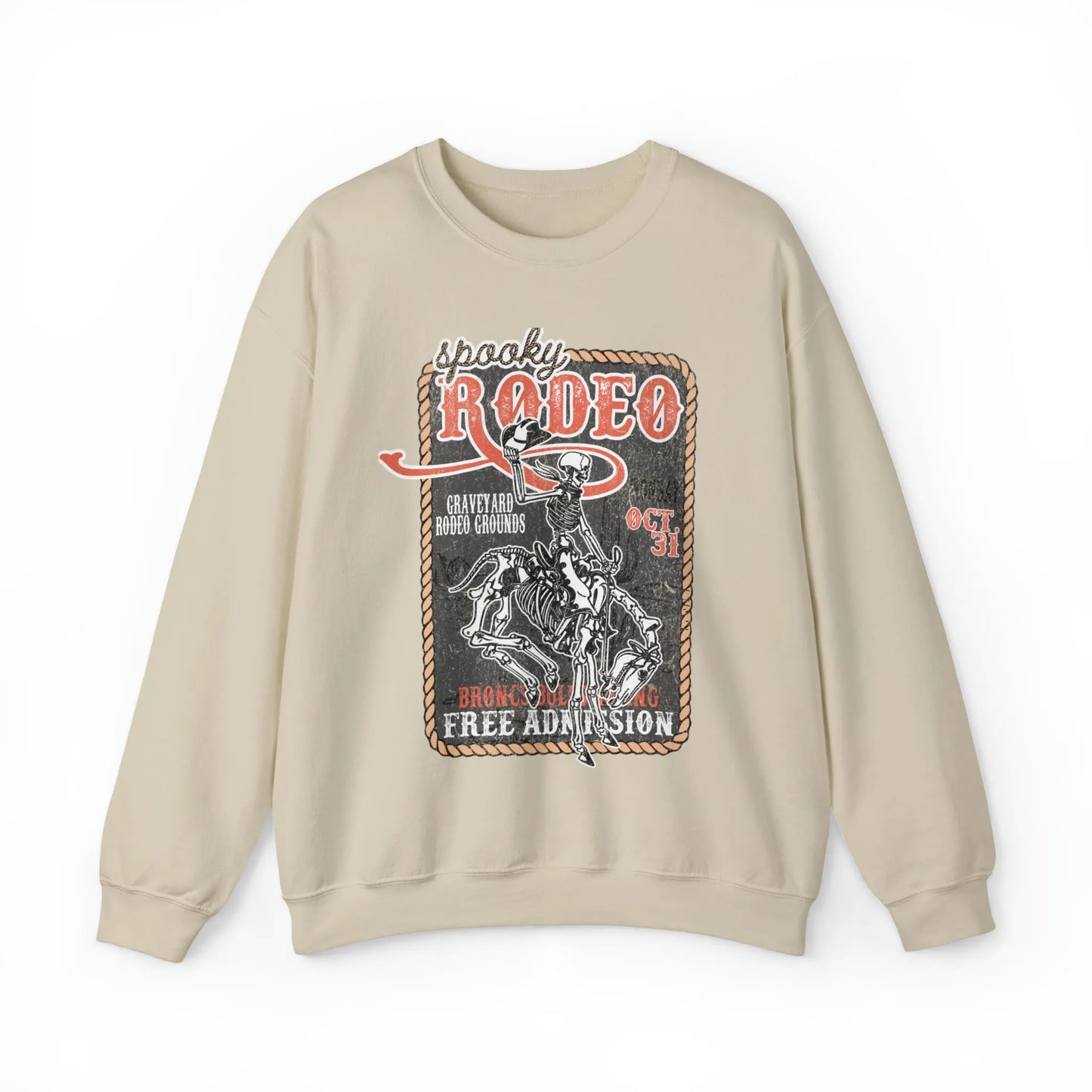 Vintage Halloween Rodeo Skeleton Cowboy Poster Sweatshirt - Western Spooky Skeleton Printify