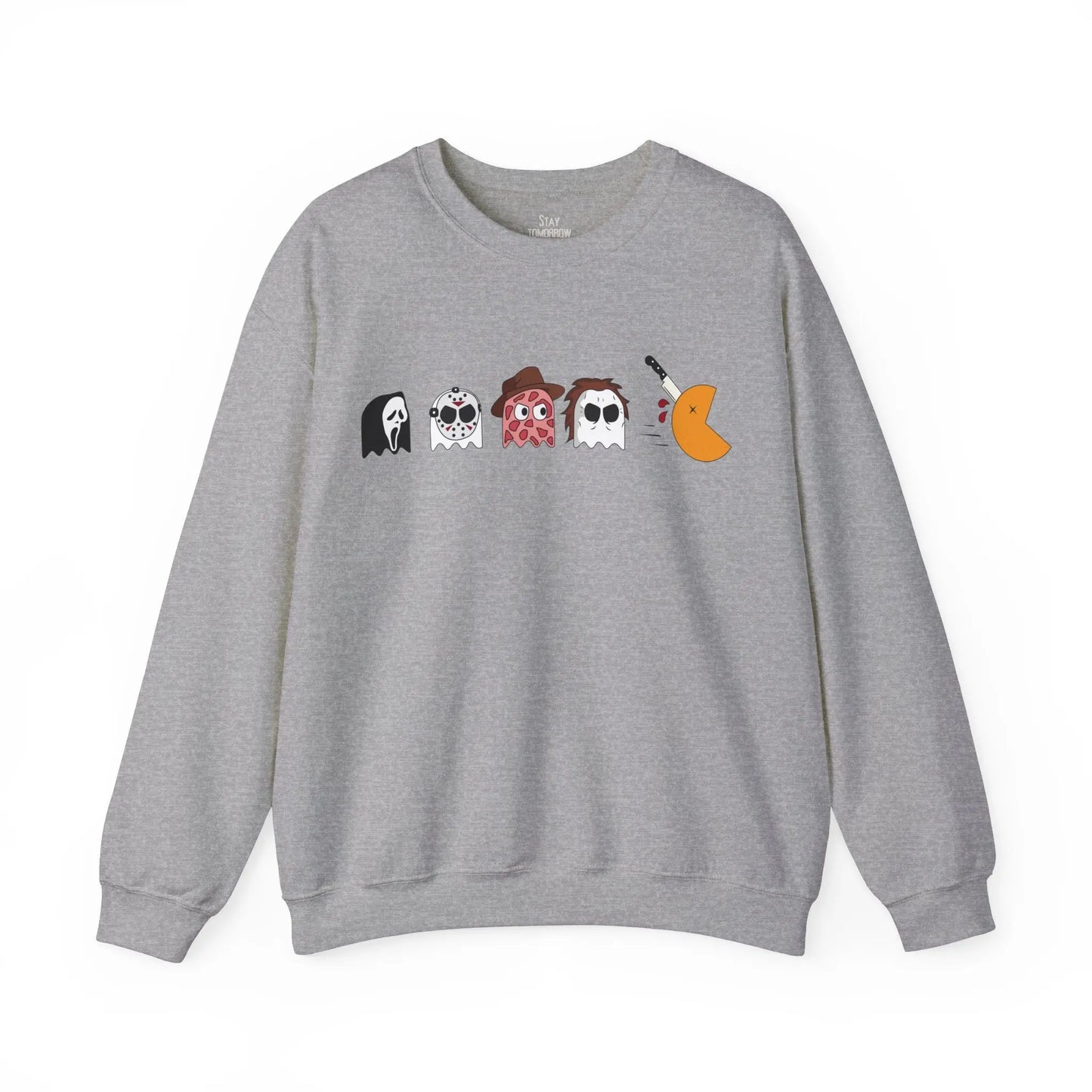 Retro Pac-Man Meets Halloween Horror Sweatshirt Halloween Horror movie characters Ghost Face, Jason Vorhees, Freddy Krueger, Michael Myers Scream, Friday the 13th, Nightmare on Elm Street, Halloween 2024 Printify