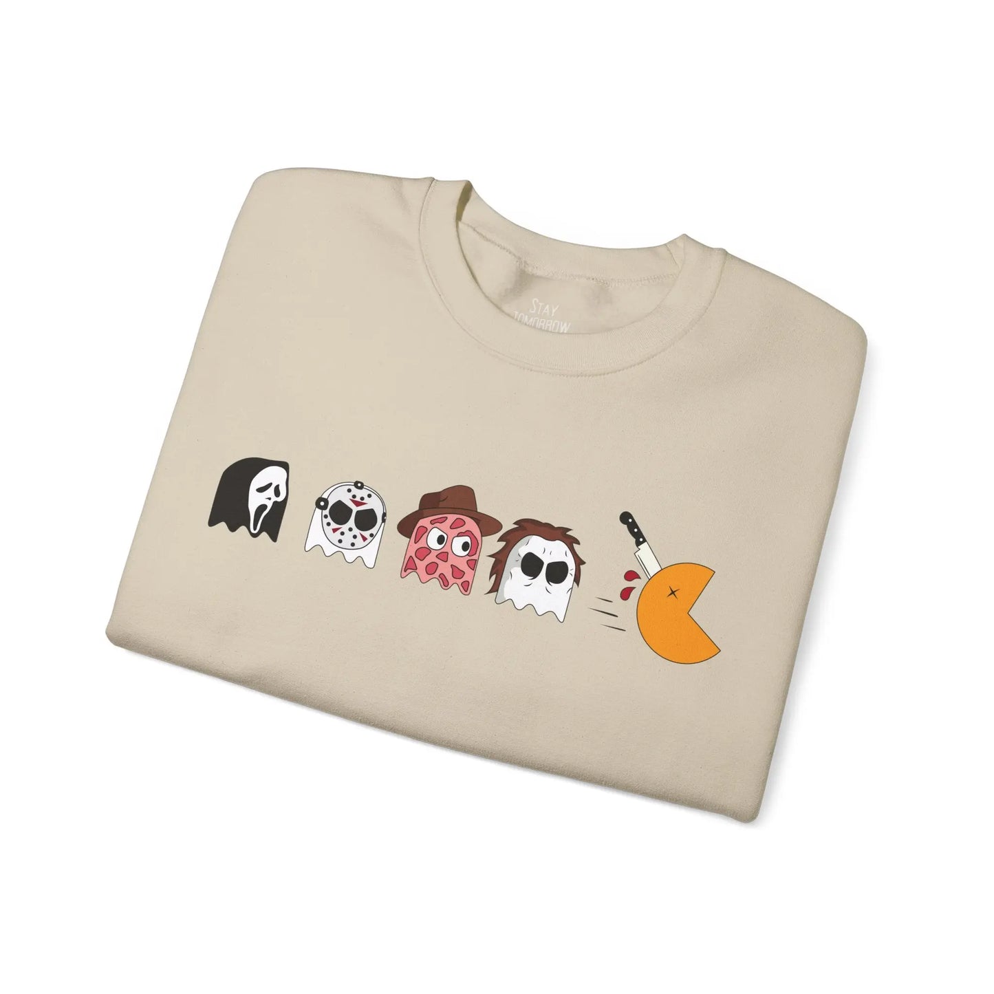 Retro Pac-Man Meets Halloween Horror Sweatshirt Halloween Horror movie characters Ghost Face, Jason Vorhees, Freddy Krueger, Michael Myers Scream, Friday the 13th, Nightmare on Elm Street, Halloween 2024 Printify
