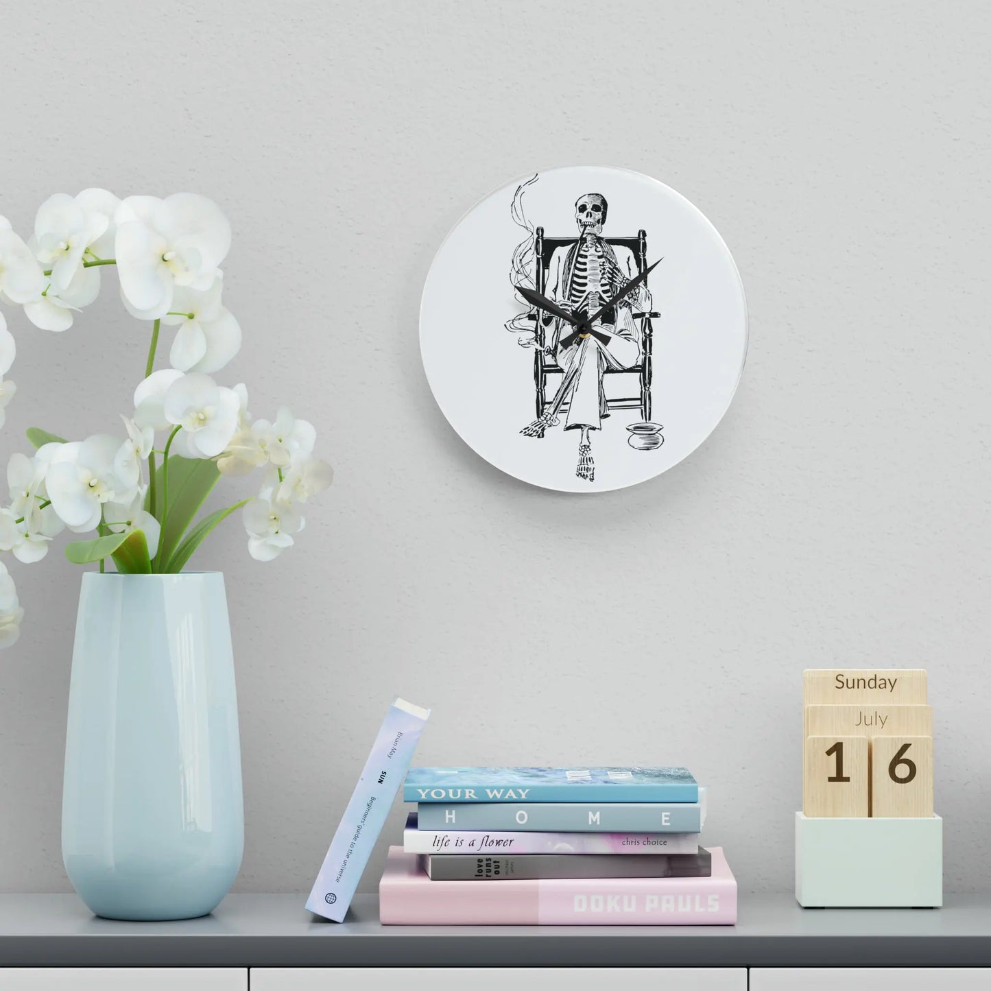 Smoking Skeleton in a Rocking Chair Wall Clock - papercraneco