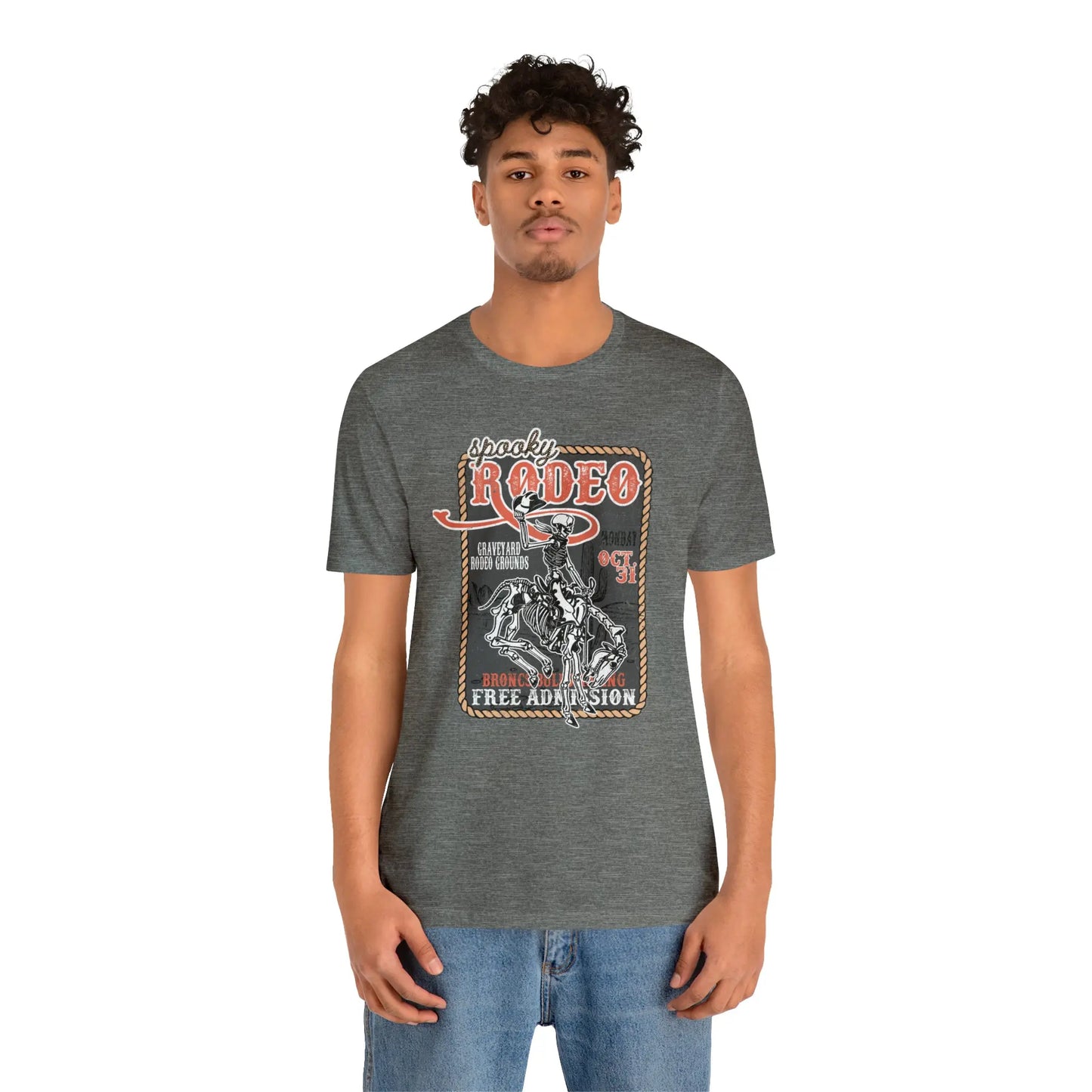 Vintage Halloween Rodeo Poster T shirt Western Spooky Skeleton Short Sleeve Tee Printify