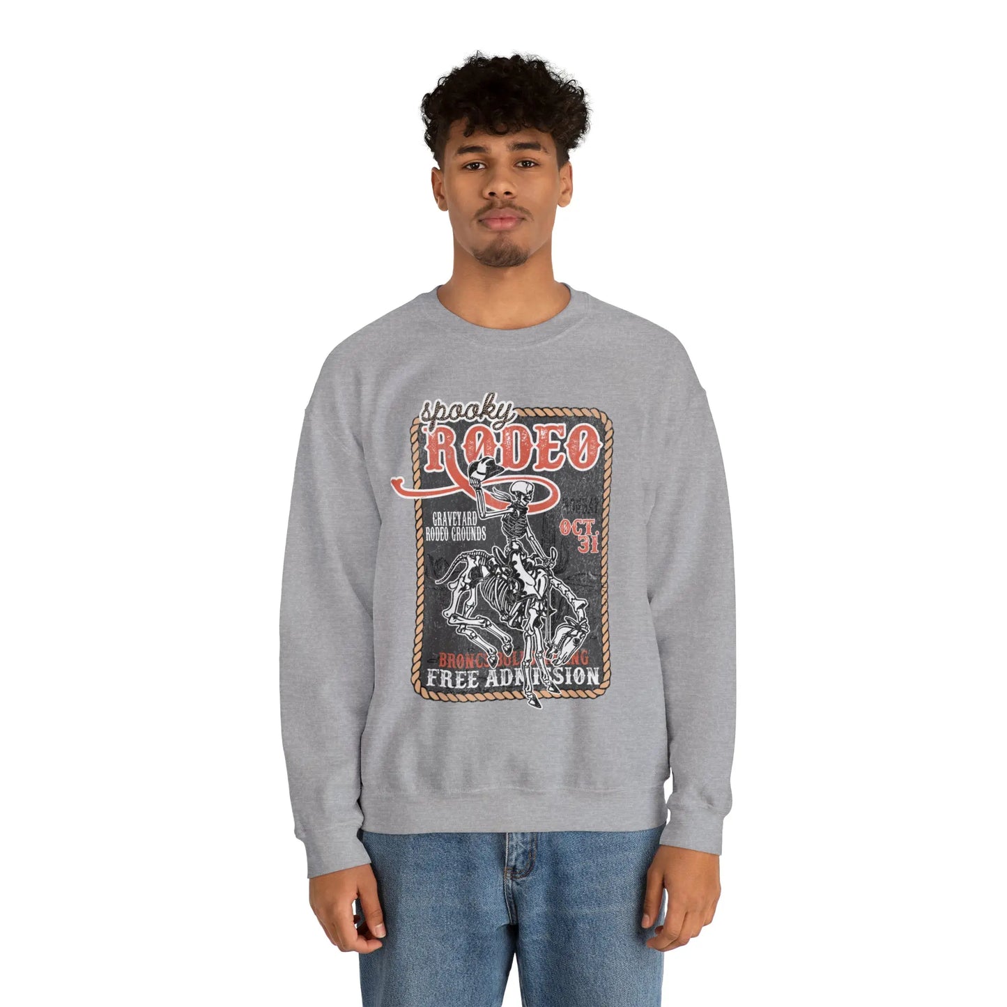 Vintage Halloween Rodeo Skeleton Cowboy Poster Sweatshirt - Western Spooky Skeleton Printify