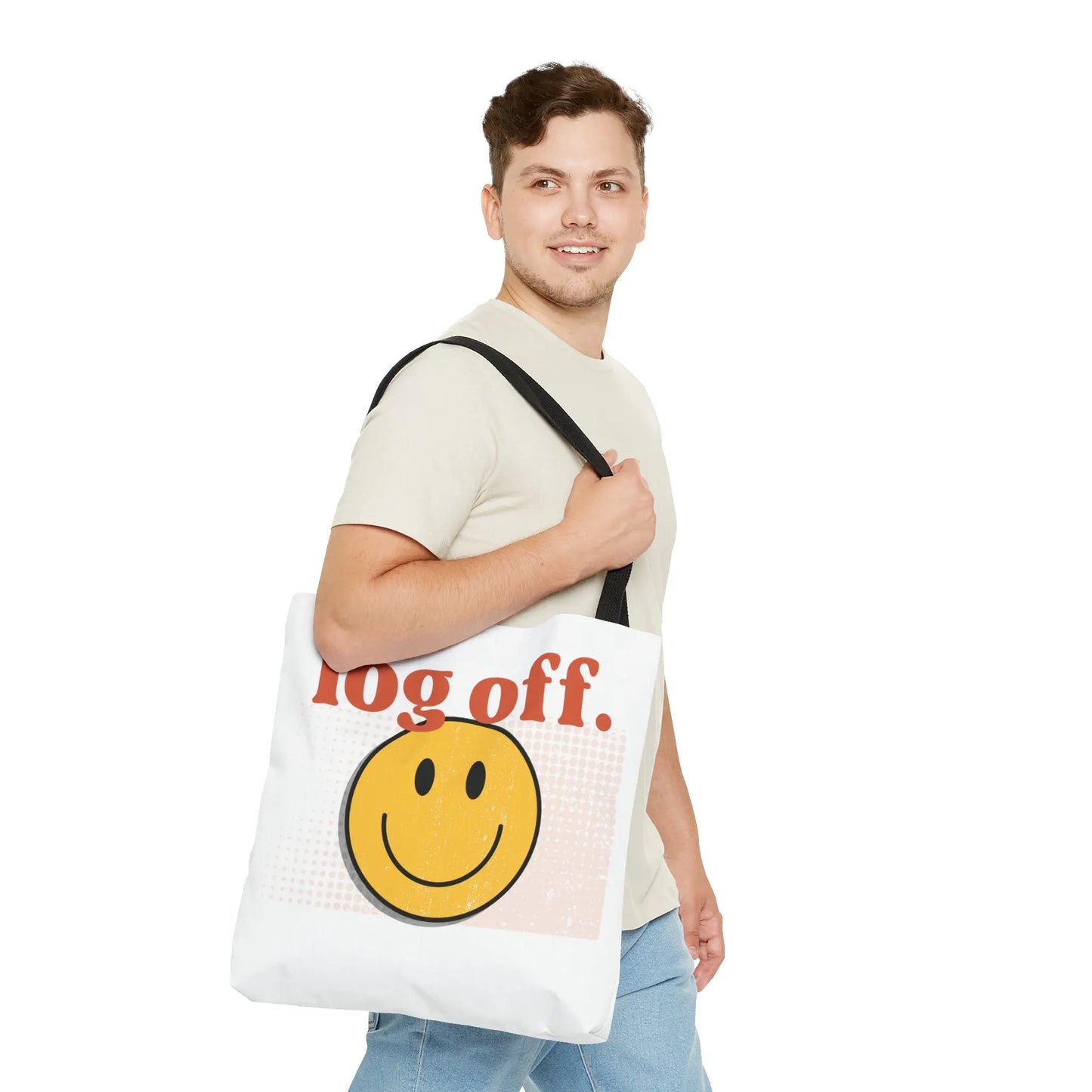 Stay Present with Retro 'Log Off' Smiley Face Bag - papercraneco