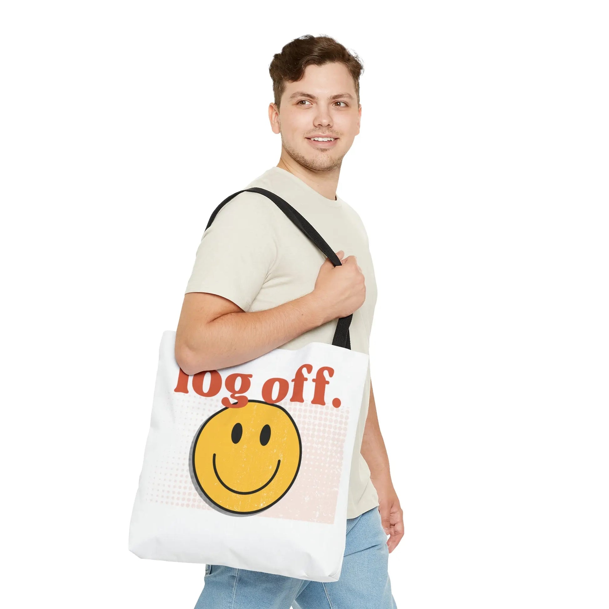 Stay Present with Retro 'Log Off' Smiley Face Bag - papercraneco