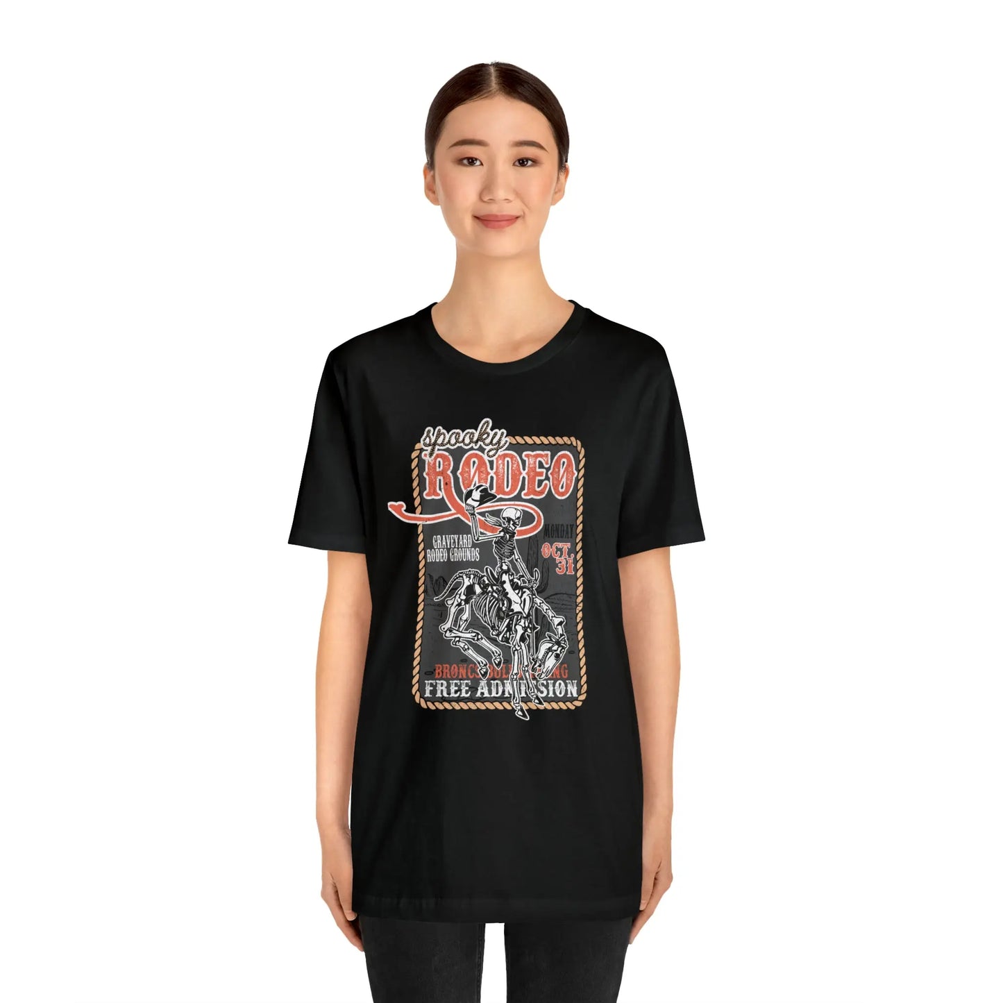 Vintage Halloween Rodeo Poster T shirt Western Spooky Skeleton Short Sleeve Tee Printify