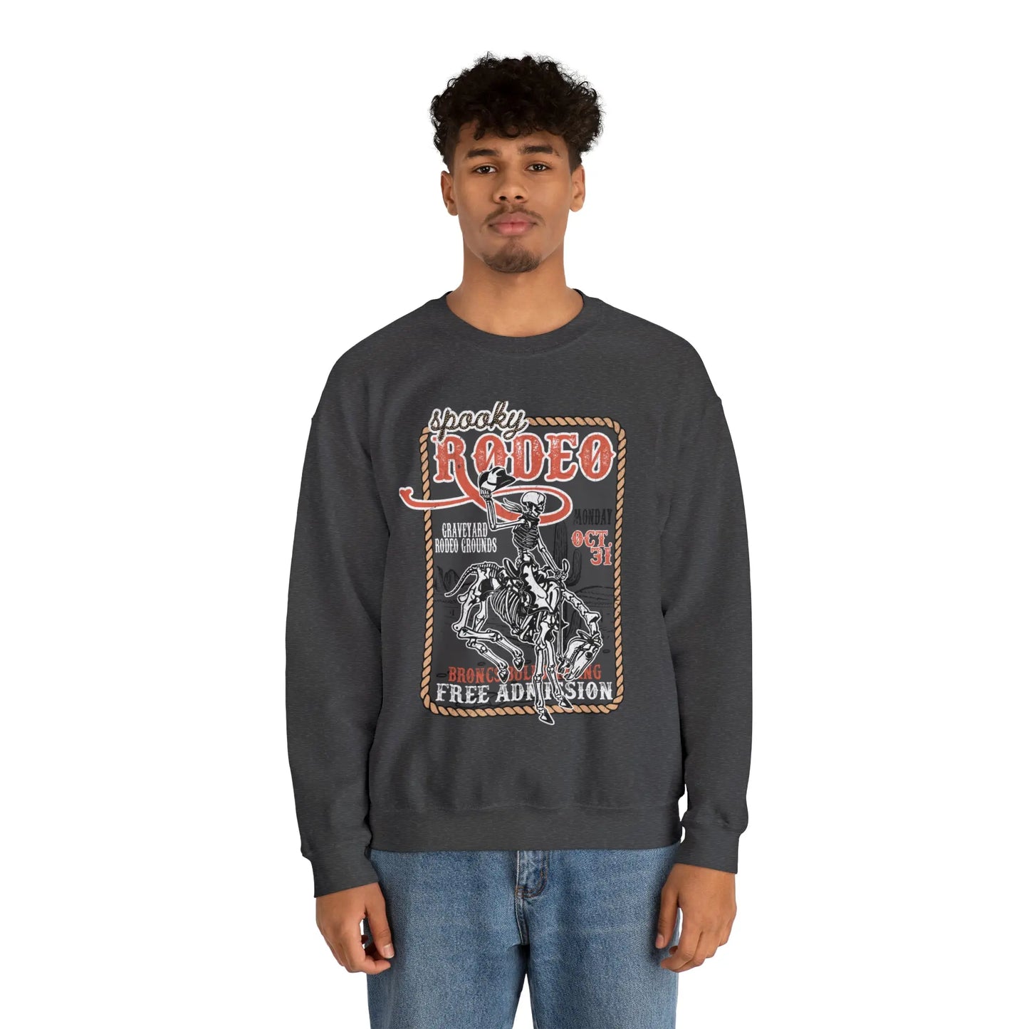 Vintage Halloween Rodeo Skeleton Cowboy Poster Sweatshirt - Western Spooky Skeleton Printify