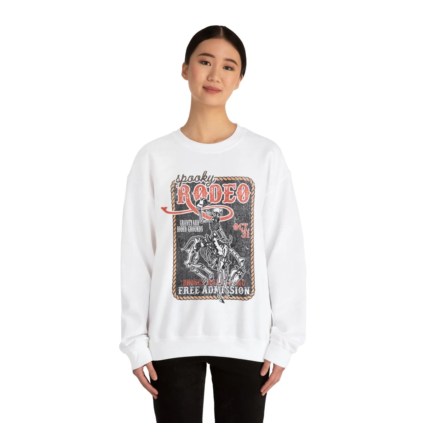 Vintage Halloween Rodeo Skeleton Cowboy Poster Sweatshirt - Western Spooky Skeleton Printify