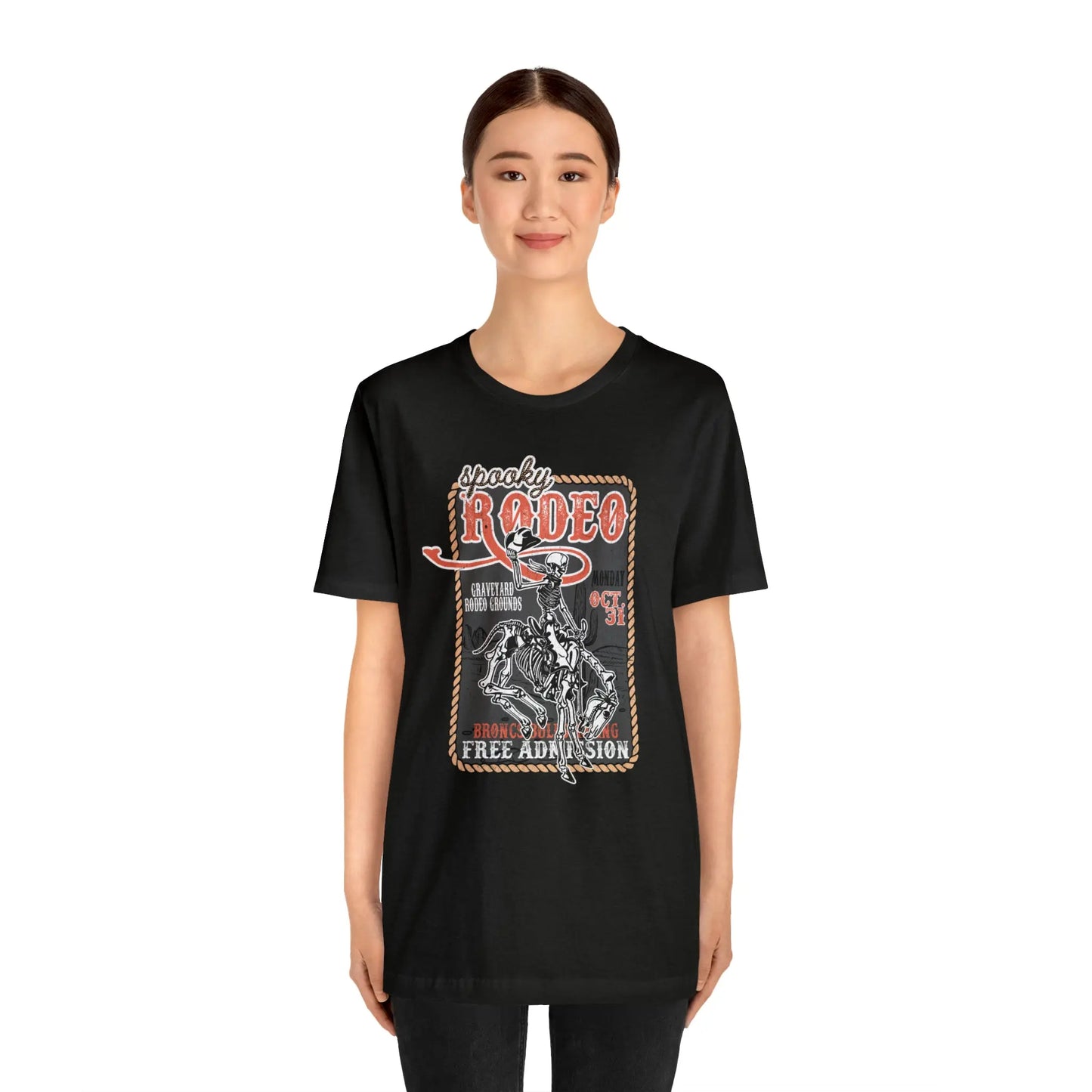 Vintage Halloween Rodeo Poster T shirt Western Spooky Skeleton Short Sleeve Tee Printify