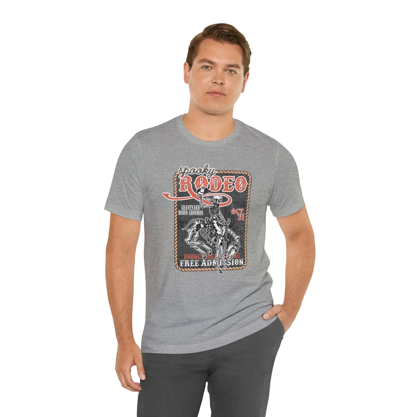 Vintage Halloween Rodeo Poster T shirt Western Spooky Skeleton Short Sleeve Tee Printify