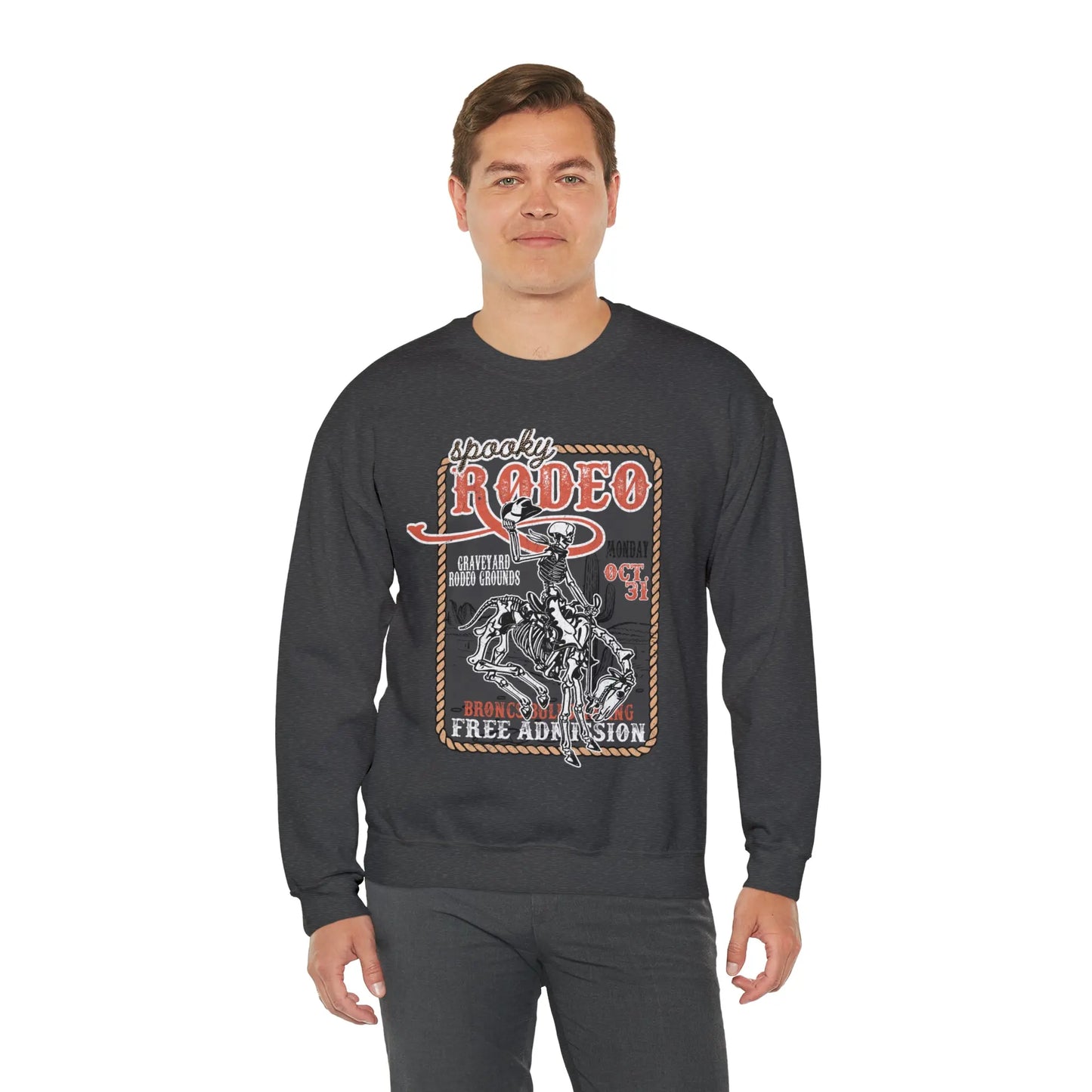 Vintage Halloween Rodeo Skeleton Cowboy Poster Sweatshirt - Western Spooky Skeleton Printify