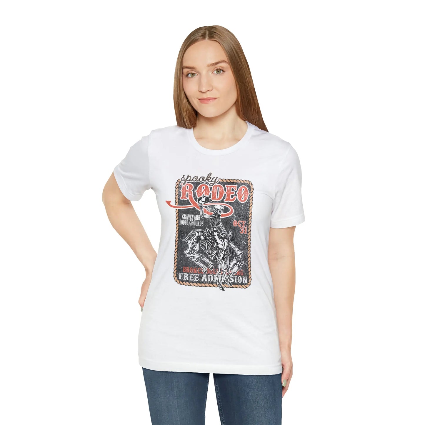 Vintage Halloween Rodeo Poster T shirt Western Spooky Skeleton Short Sleeve Tee Printify