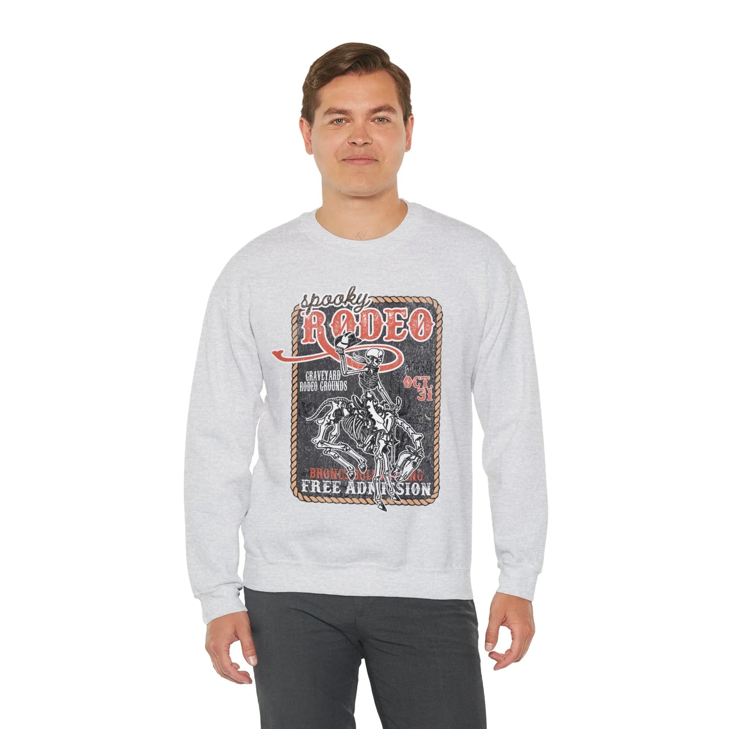 Vintage Halloween Rodeo Skeleton Cowboy Poster Sweatshirt - Western Spooky Skeleton Printify