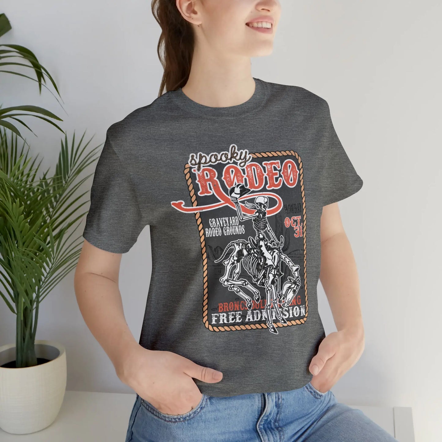 Vintage Halloween Rodeo Poster T shirt Western Spooky Skeleton Short Sleeve Tee Printify