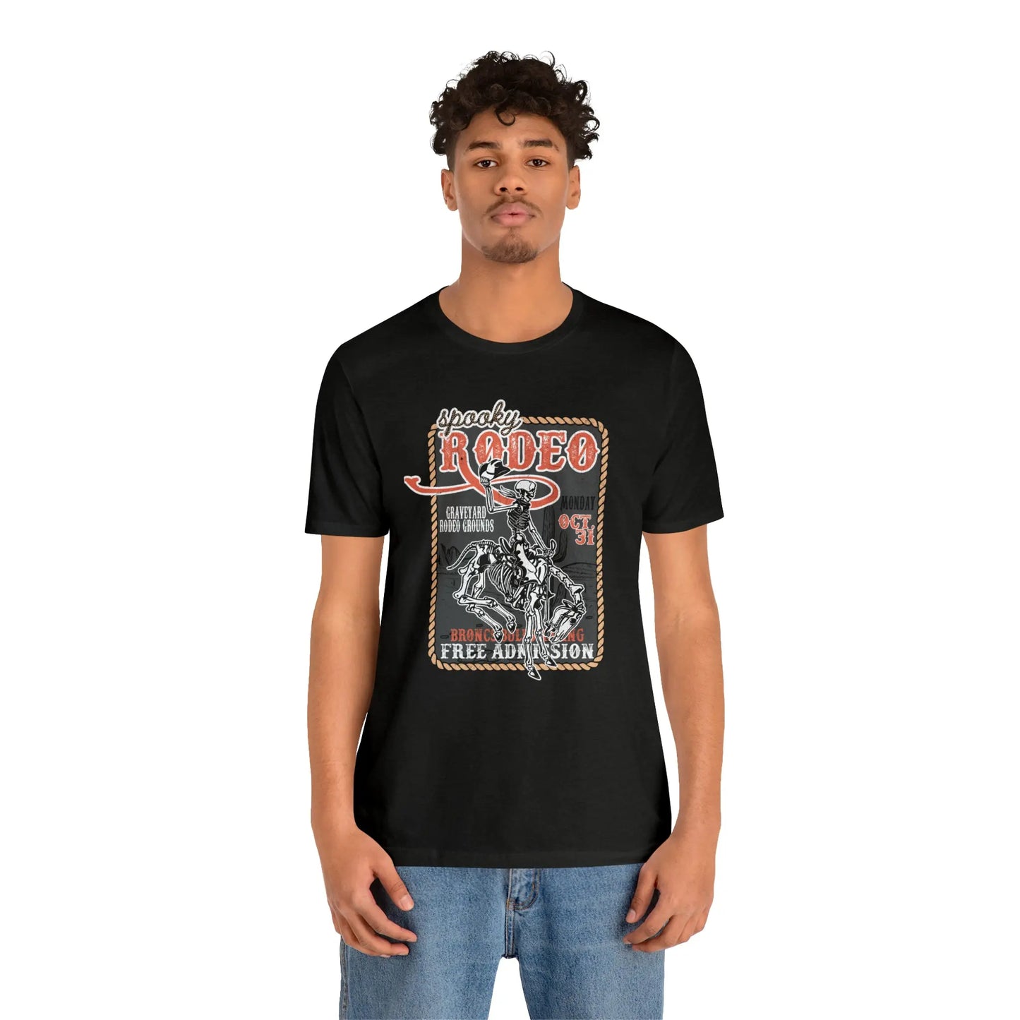 Vintage Halloween Rodeo Poster T shirt Western Spooky Skeleton Short Sleeve Tee Printify