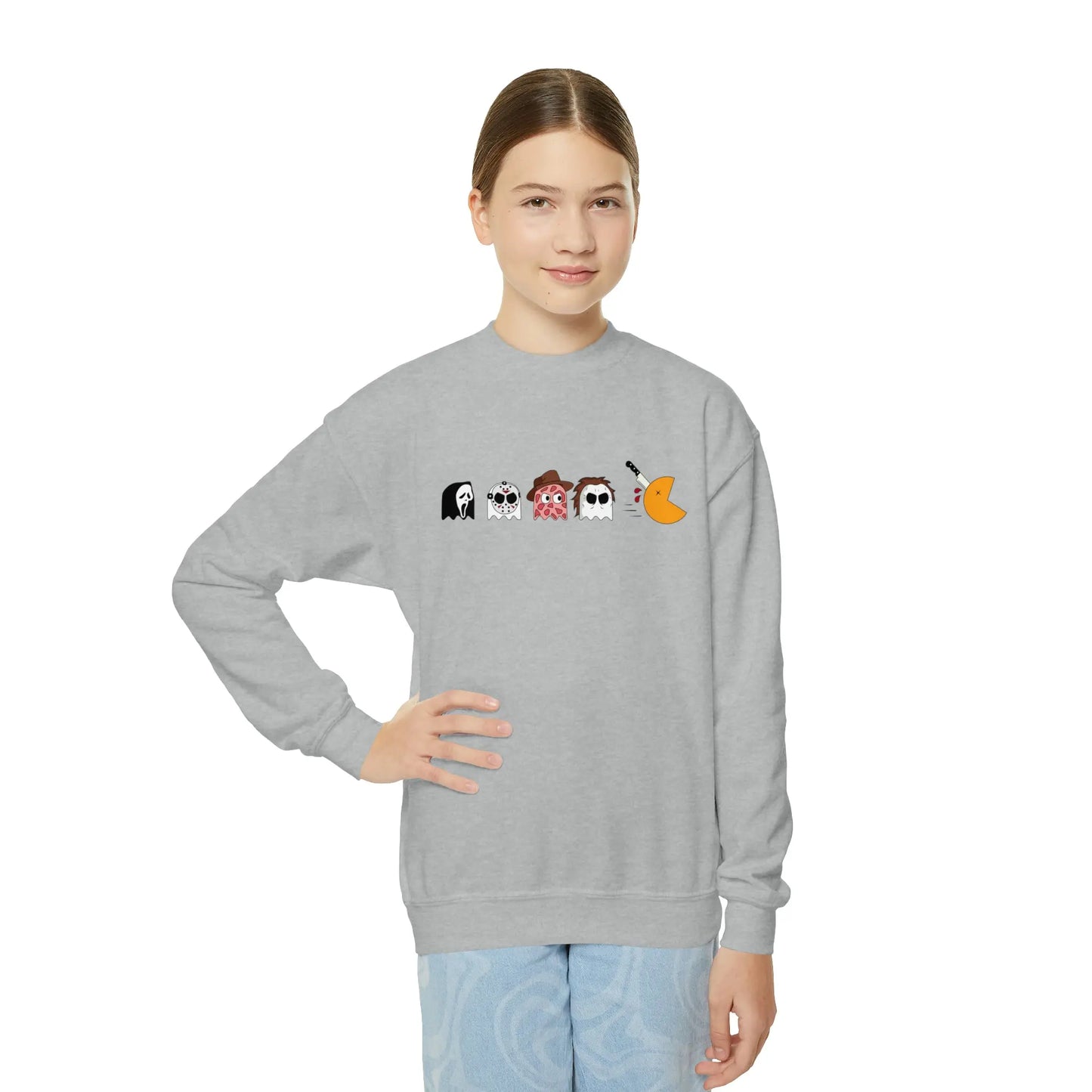 Pac-Man Meets Halloween Horror - Spooky Kids Halloween Sweatshirt with Scream, Jason, Freddy, and Michael Printify