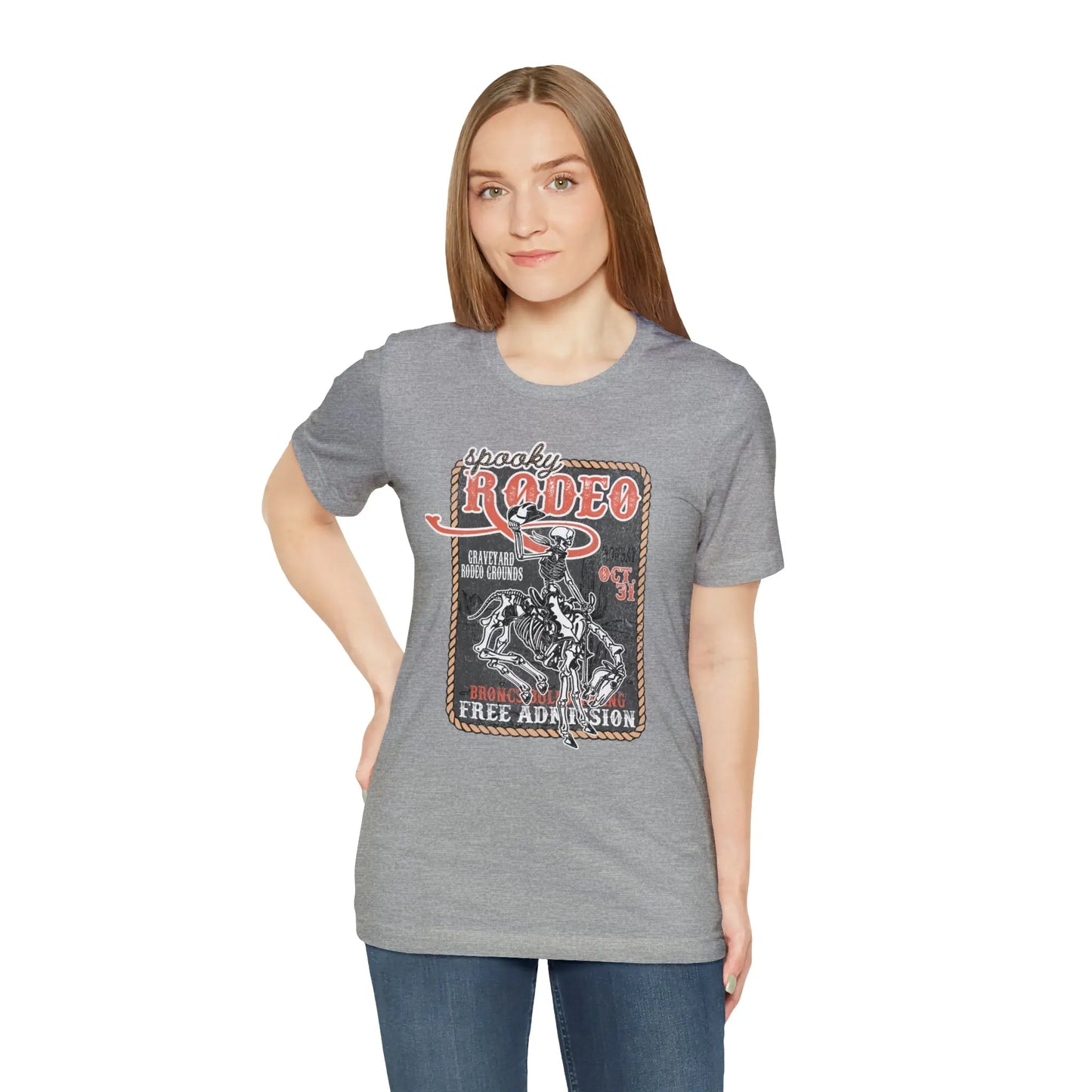 Vintage Halloween Rodeo Poster T shirt Western Spooky Skeleton Short Sleeve Tee Printify
