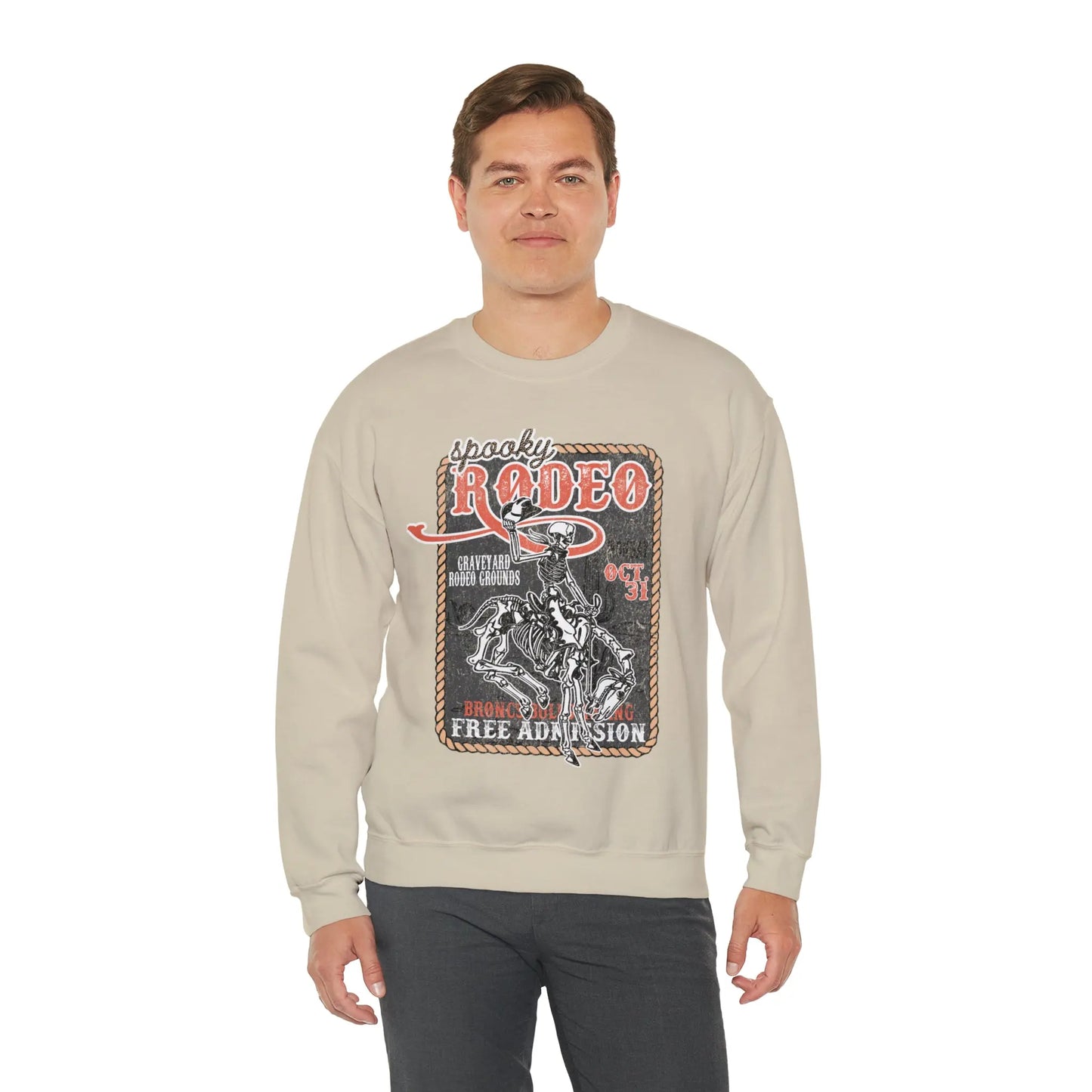 Vintage Halloween Rodeo Skeleton Cowboy Poster Sweatshirt - Western Spooky Skeleton Printify