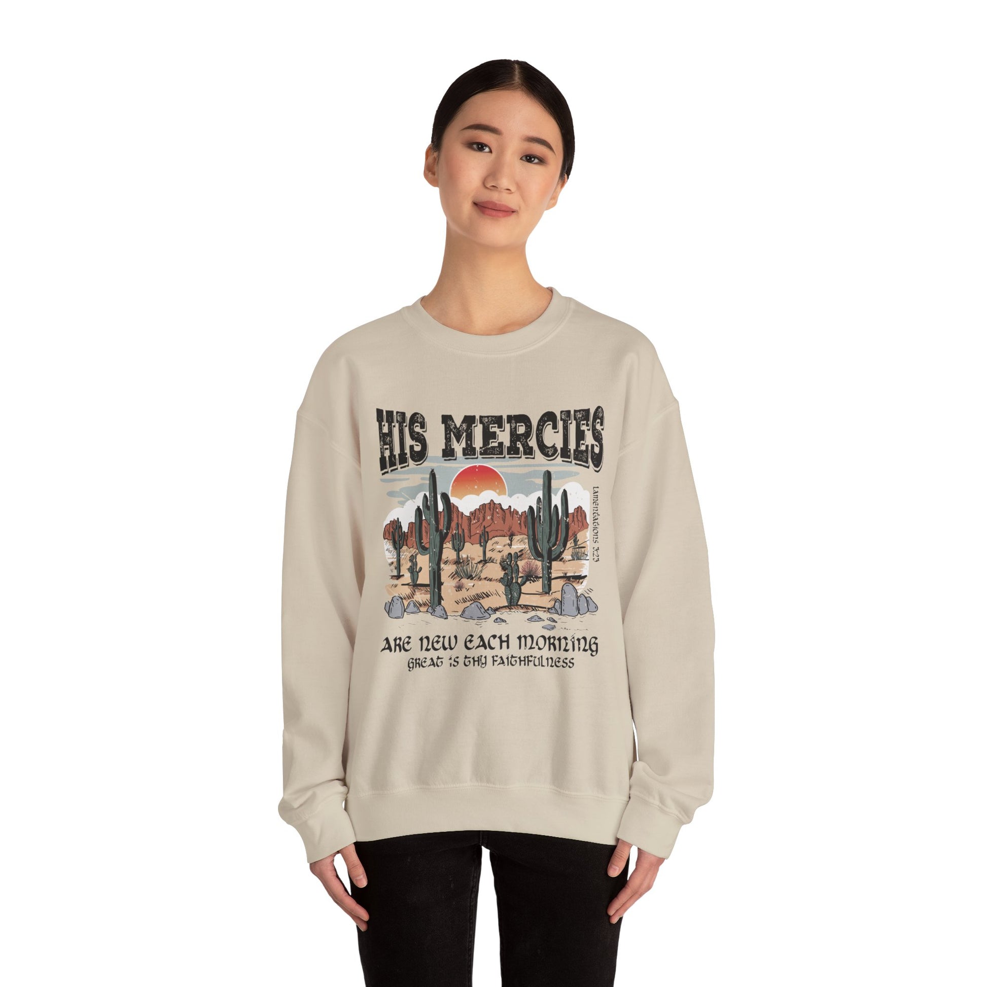 Boho Christian Sweatshirt Bible Verse Jesus Apparel Faith Based His Mercies Are New Vintage - Stay Tomorrow Needs You