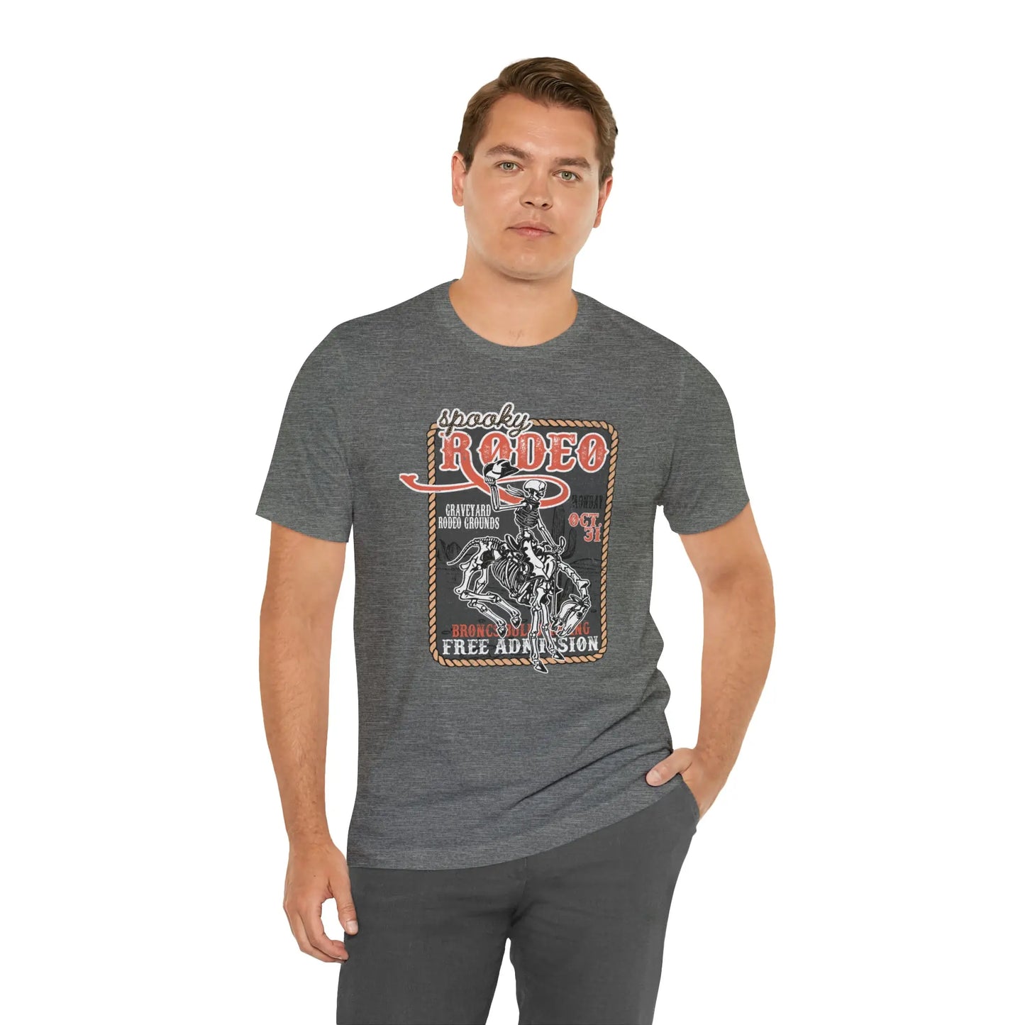 Vintage Halloween Rodeo Poster T shirt Western Spooky Skeleton Short Sleeve Tee Printify