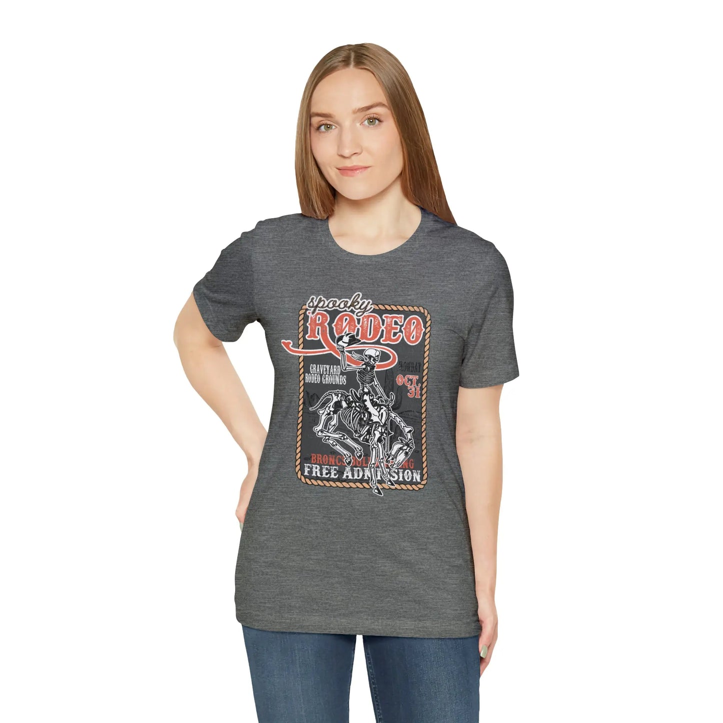 Vintage Halloween Rodeo Poster T shirt Western Spooky Skeleton Short Sleeve Tee Printify