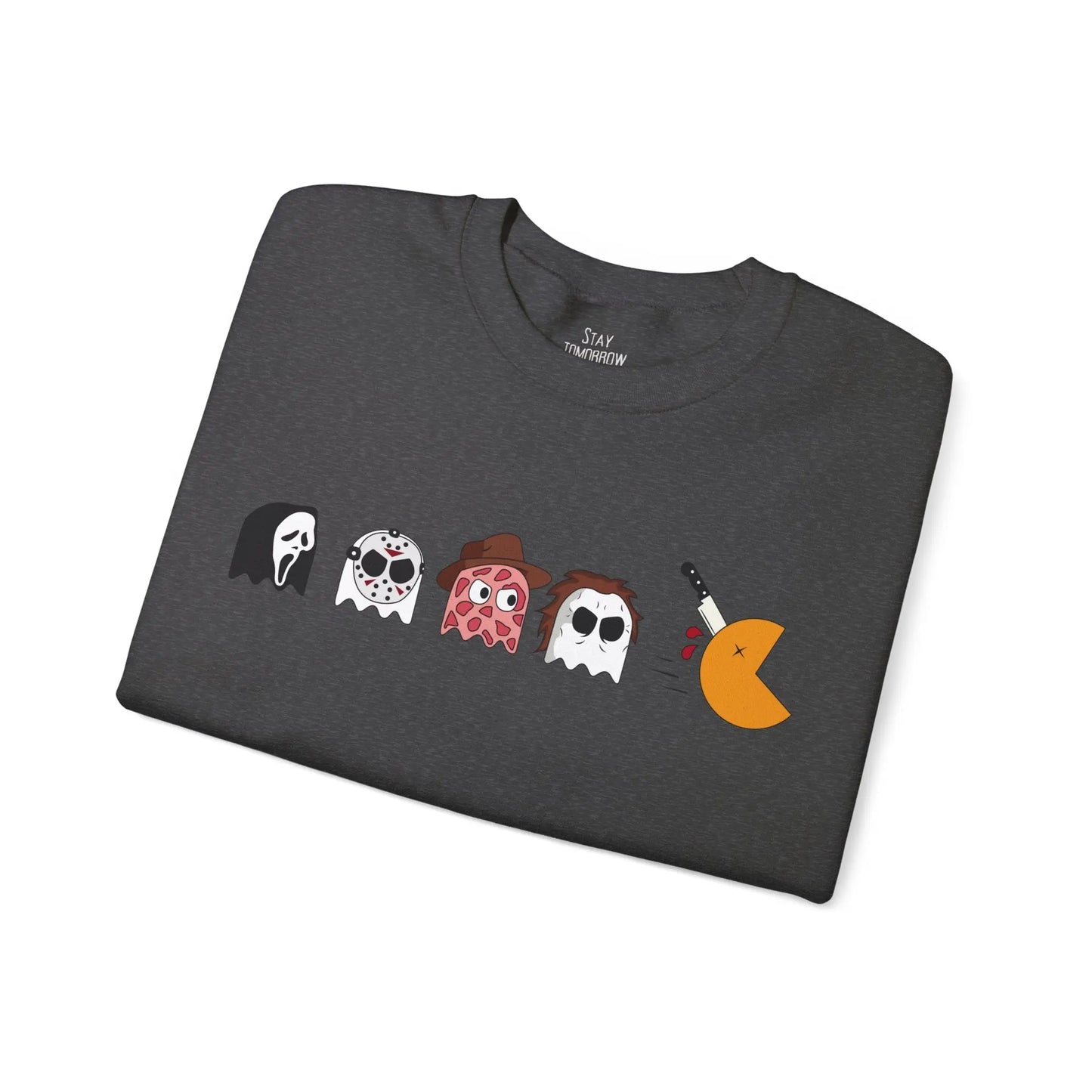 Retro Pac-Man Meets Halloween Horror Sweatshirt Halloween Horror movie characters Ghost Face, Jason Vorhees, Freddy Krueger, Michael Myers Scream, Friday the 13th, Nightmare on Elm Street, Halloween 2024 Printify