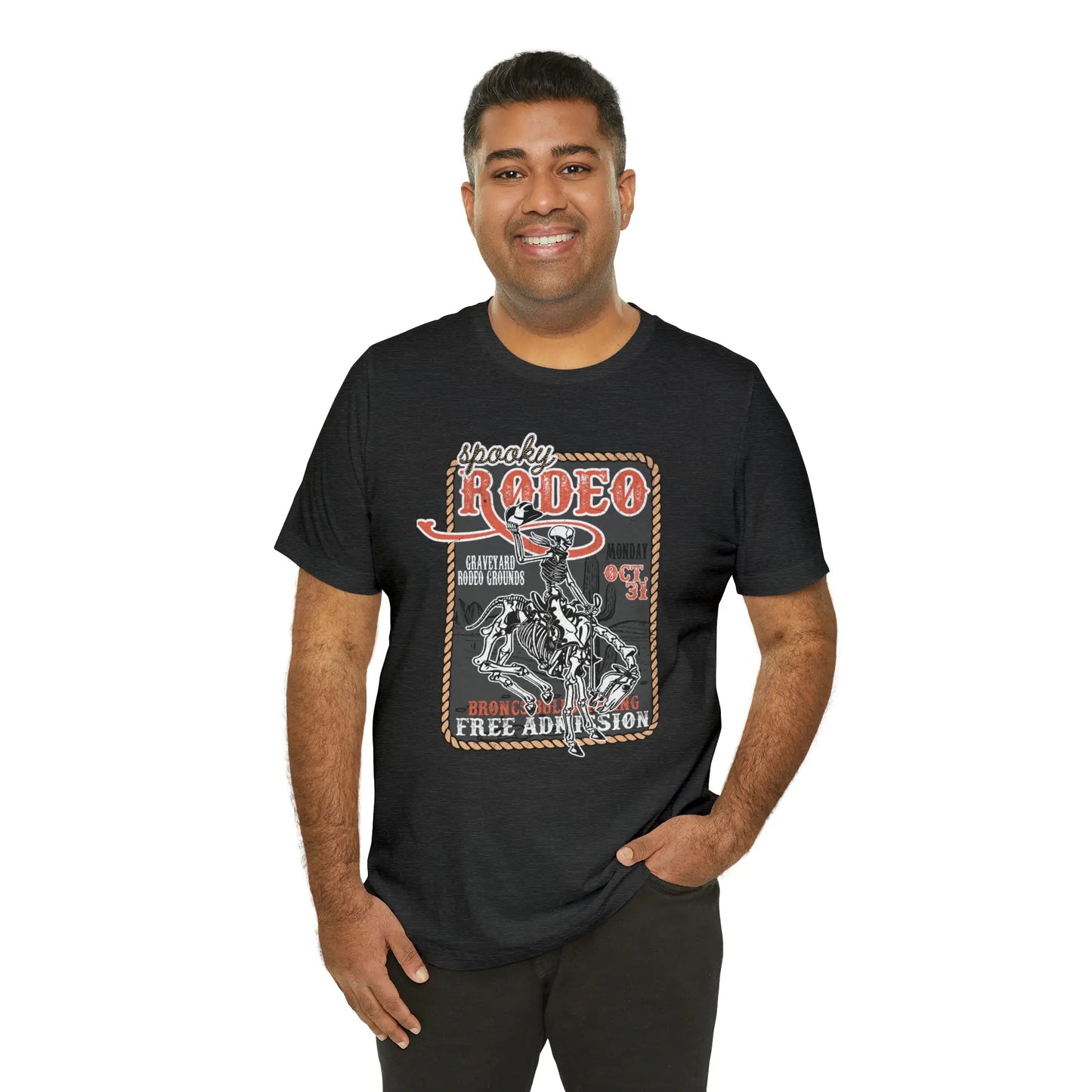 Vintage Halloween Rodeo Poster T shirt Western Spooky Skeleton Short Sleeve Tee Printify