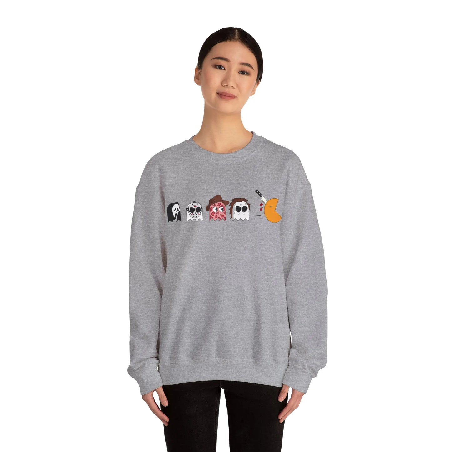 Retro Pac-Man Meets Halloween Horror Sweatshirt Halloween Horror movie characters Ghost Face, Jason Vorhees, Freddy Krueger, Michael Myers Scream, Friday the 13th, Nightmare on Elm Street, Halloween 2024 Printify