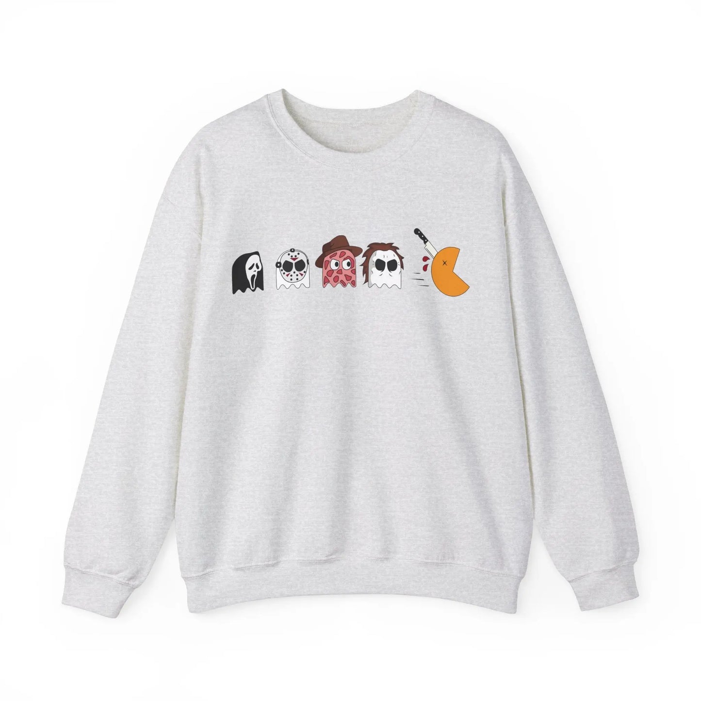 Retro Pac-Man Meets Halloween Horror Sweatshirt Halloween Horror movie characters Ghost Face, Jason Vorhees, Freddy Krueger, Michael Myers Scream, Friday the 13th, Nightmare on Elm Street, Halloween 2024 Printify